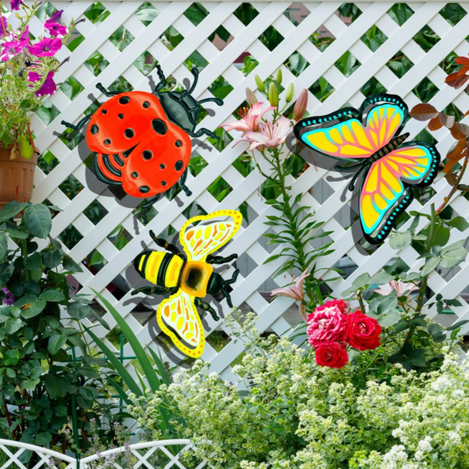 Décoration Murale Insecte Métal 3 Pièces Abeilles Papillons Coccinelles pour Jardin Extérieur