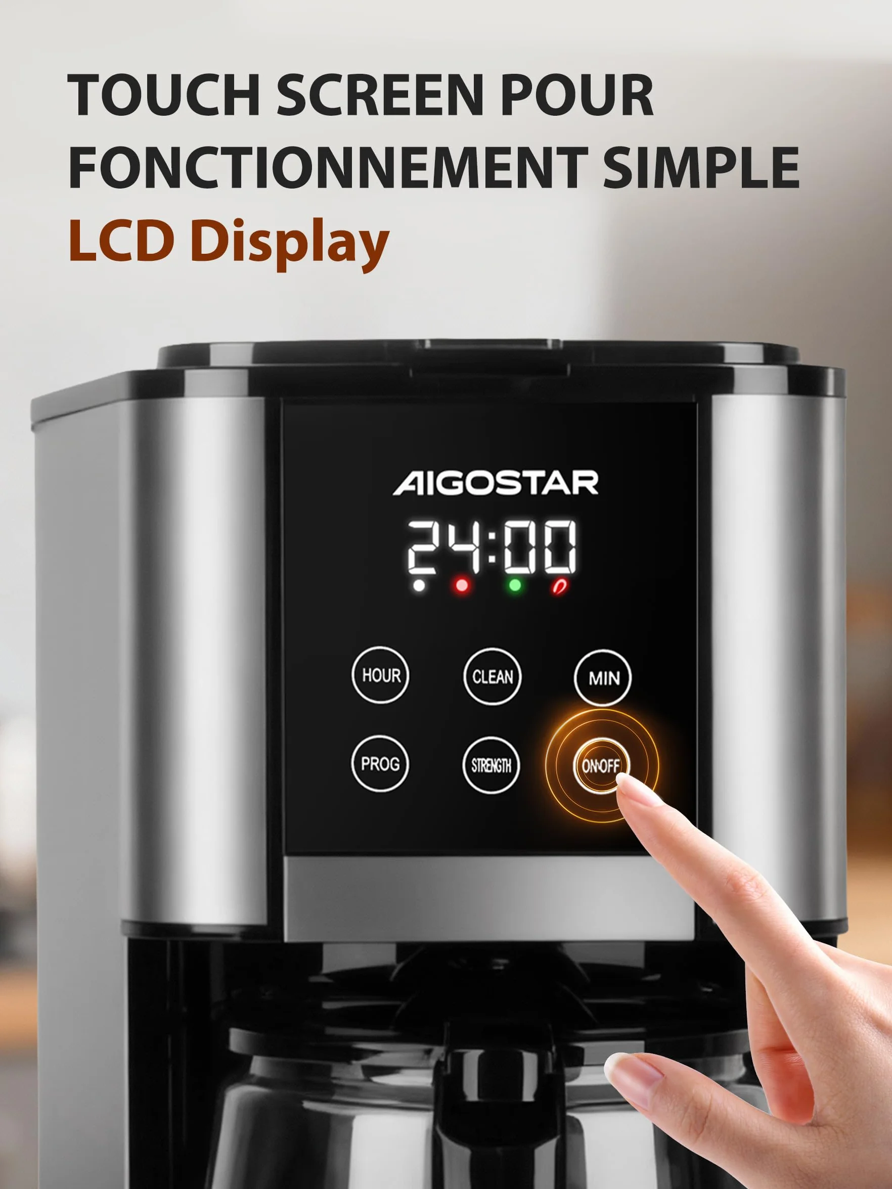 Aigostar Cafetière Filtre Électrique Programmable 24h 12 Tasses 1,5L Acier Inoxydable Réglage Intensité Écran LCD Anti-Goutte Maintien Chaud Auto-Nettoyage 1000W,0% BPA,Noir