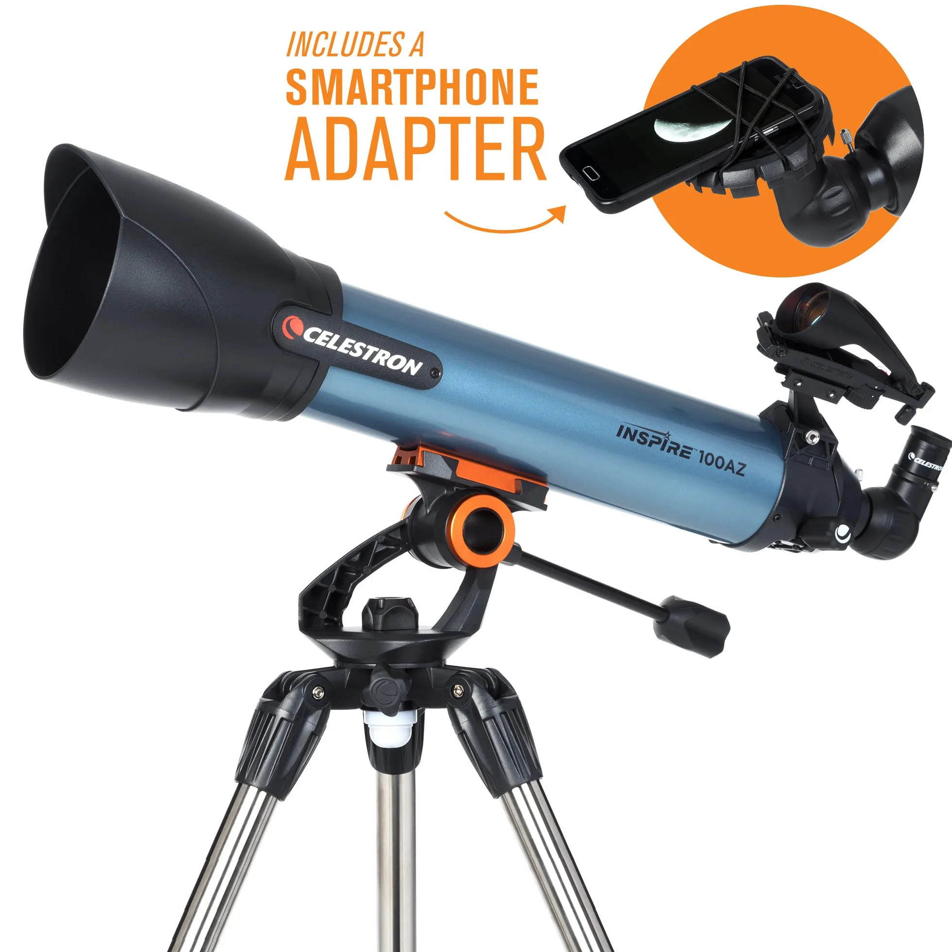 Celestron 22403 Inspire 100AZ - Teleskop refrakcyjny Celestron 22403 Inspire 100AZ z wbudowanym adapterem do smartfona, niebieski
