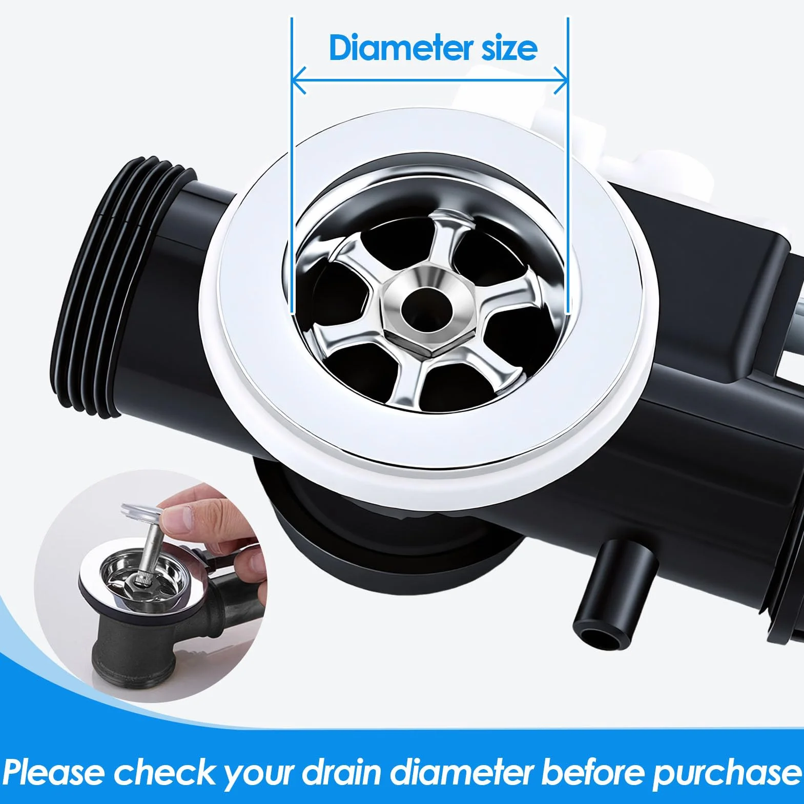 Bouchon Baignoire 43mm Double Joint d'Étanchéité Chromé Laiton pour Éviers Lavabos Standard Montage sans Outil Hauteur Réglable 45-70mm
