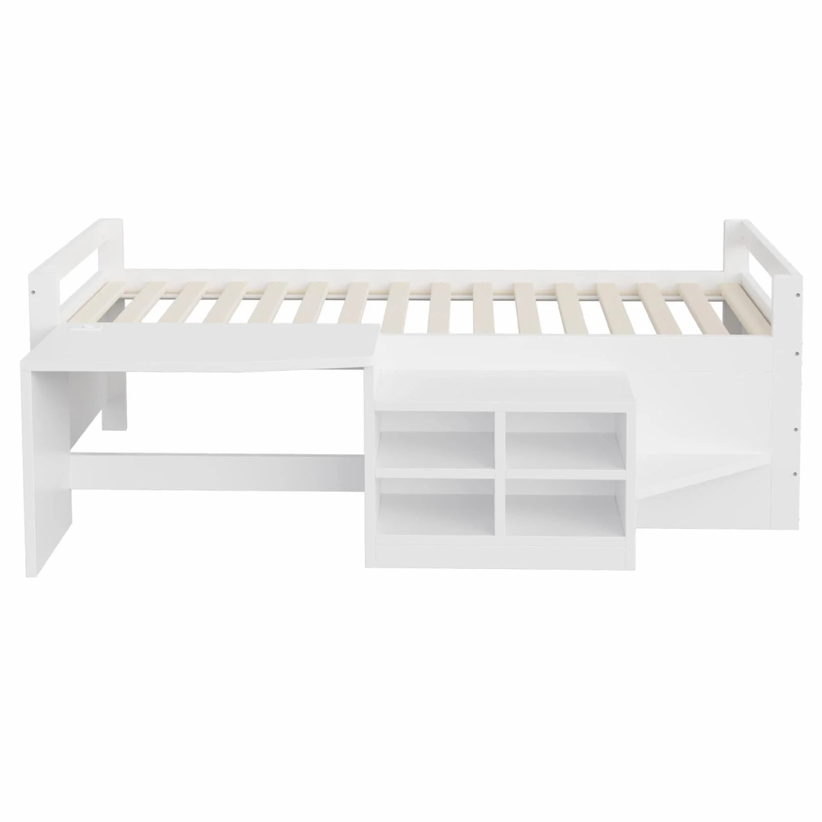 Lit Une Place 90x200cm,Lit 1 Personne avec Bureau,Prises électriques,4 Compartiments de Rangement,Sommier à Lattes Solide,pour Garçons Filles(A-Blanc, 90x200)