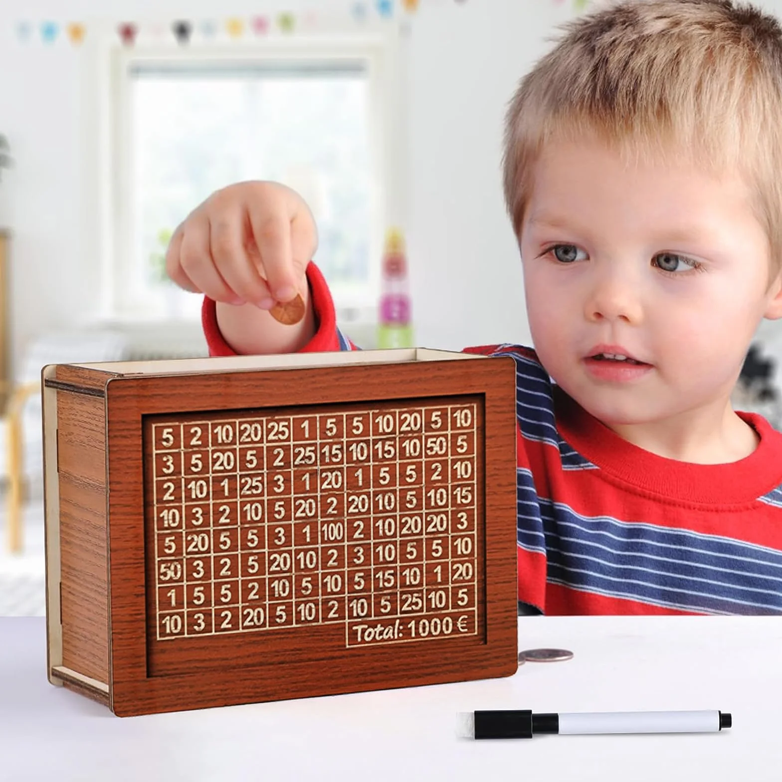 Tirelire en Bois avec Compteur et Marqueur Effaçable, Boîte à Monnaie Réutilisable, Objectif d'Épargne 1000€
