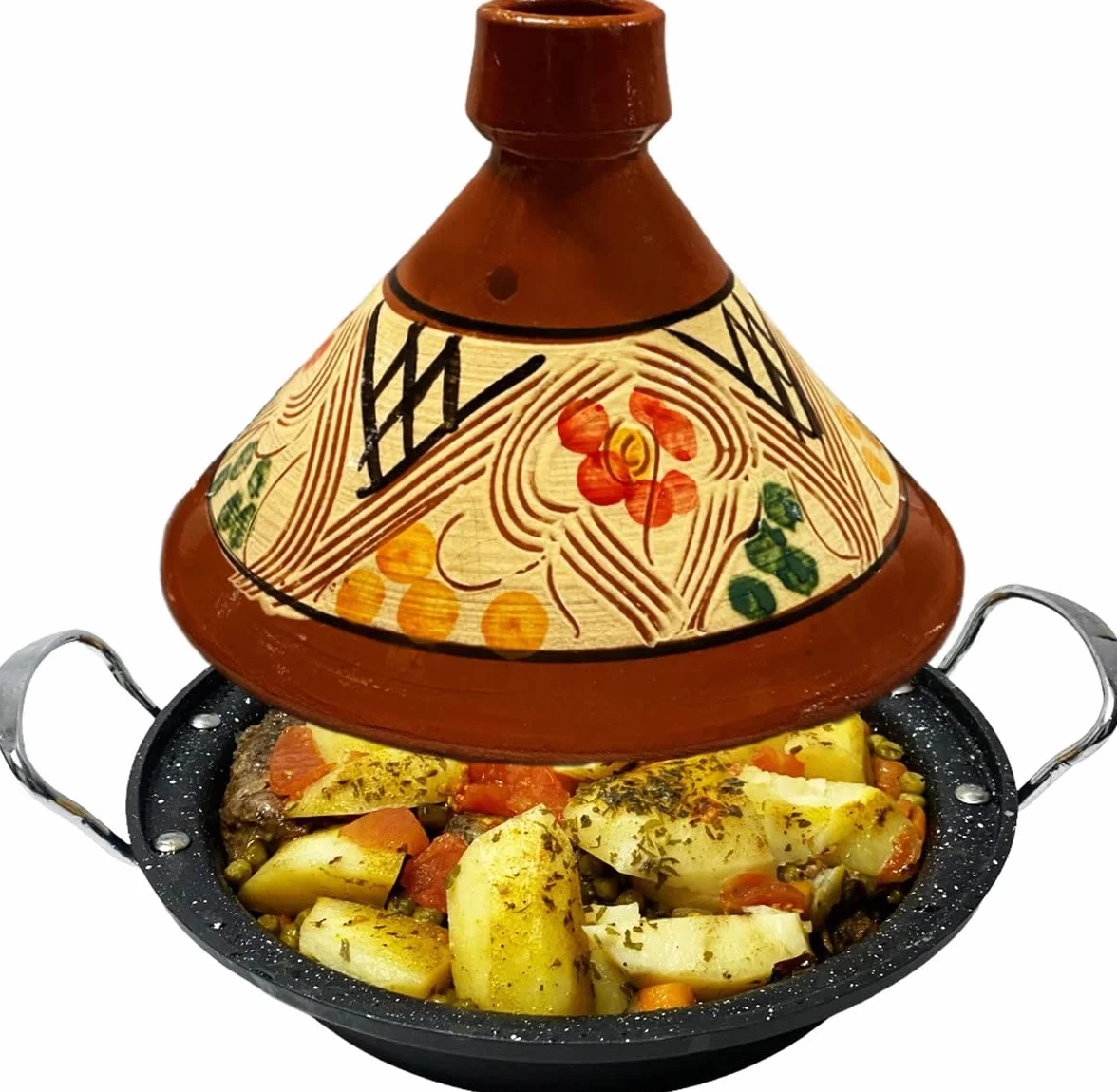 Tajine en céramique et fonte en aluminium adapté à l'induction | Poignées | Convient pour 4-8 personnes | Ø 30 cm