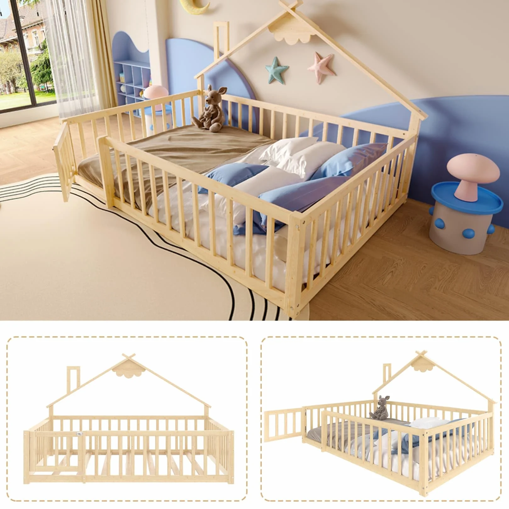 PUGSDRLY Lit Cabane Enfant 140x190cm avec Barriere et Serrure,Lit Montessori au Sol avec Sommier à Lattes,Cadre en Bois de Pin pour Enfant,sans Matelas (Naturel, 140x190)