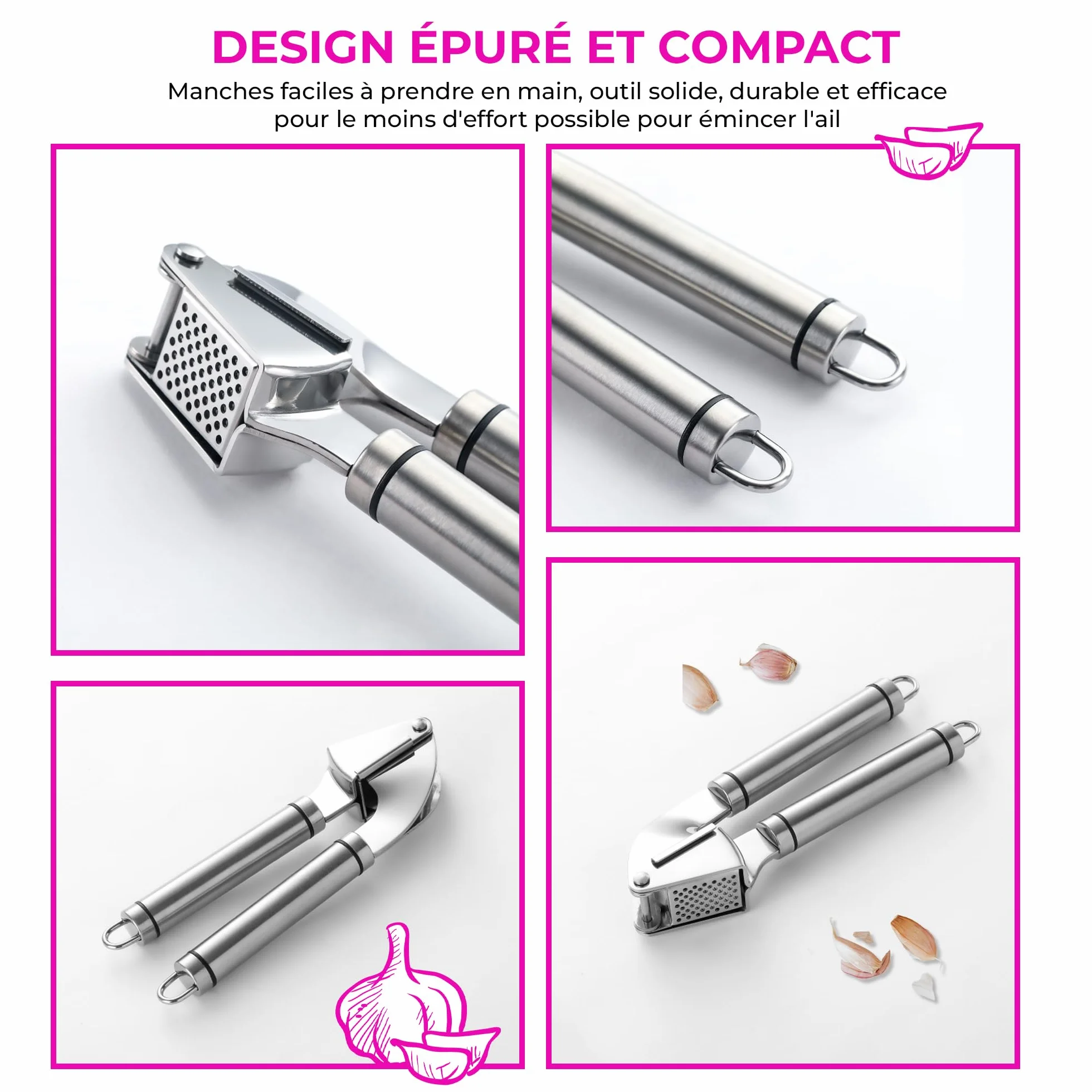 Presse Ail Inox 304 CULINARISE Professionnel Grande Cavité 1-2 Gousses Manuel