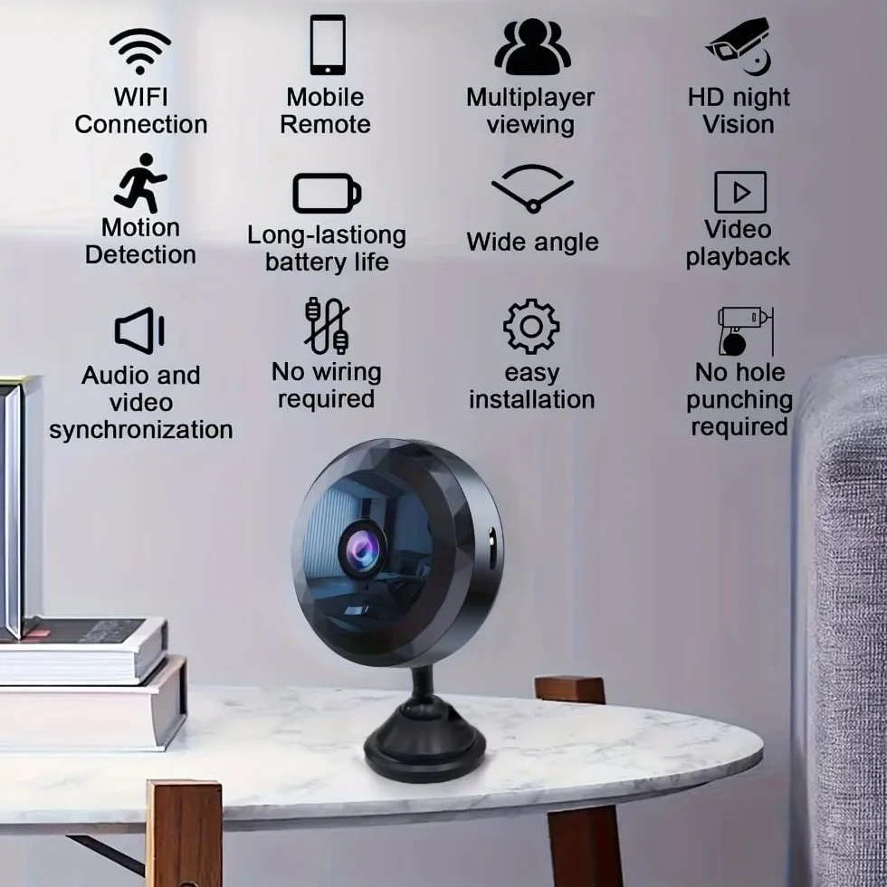 Mini kamera bezpieczeństwa WiFi, 1080p HD, bezprzewodowy nadzór wewnętrzny z noktowizorem, wykrywanie ruchu, sterowanie aplikacją mobilną, czarna (1, tylko kamera)