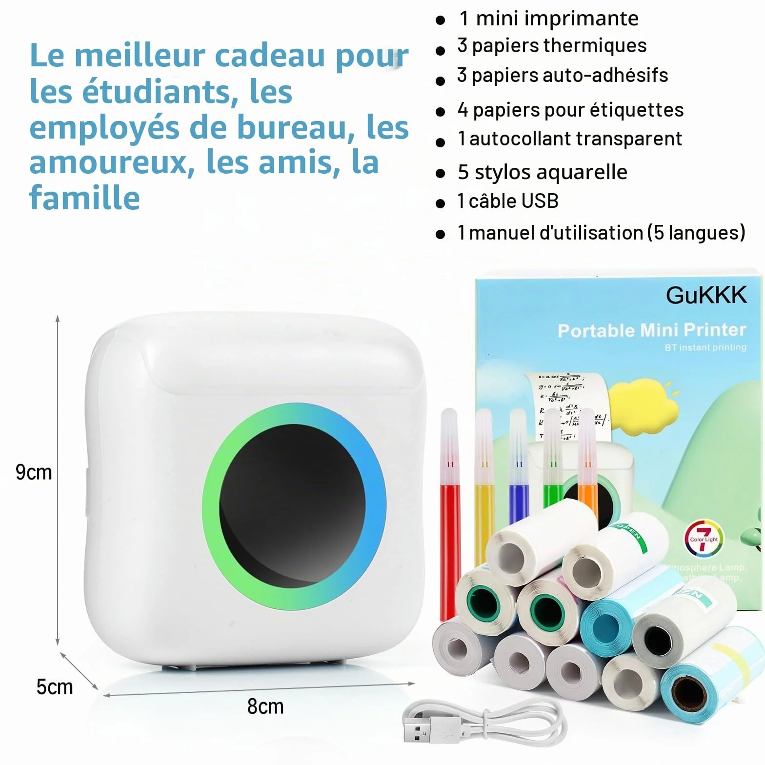 Mini Imprimante Photo Instantané sans Fil Portable, Imprimante Thermique BT avec LED Sept Couleurs (Blanc)
