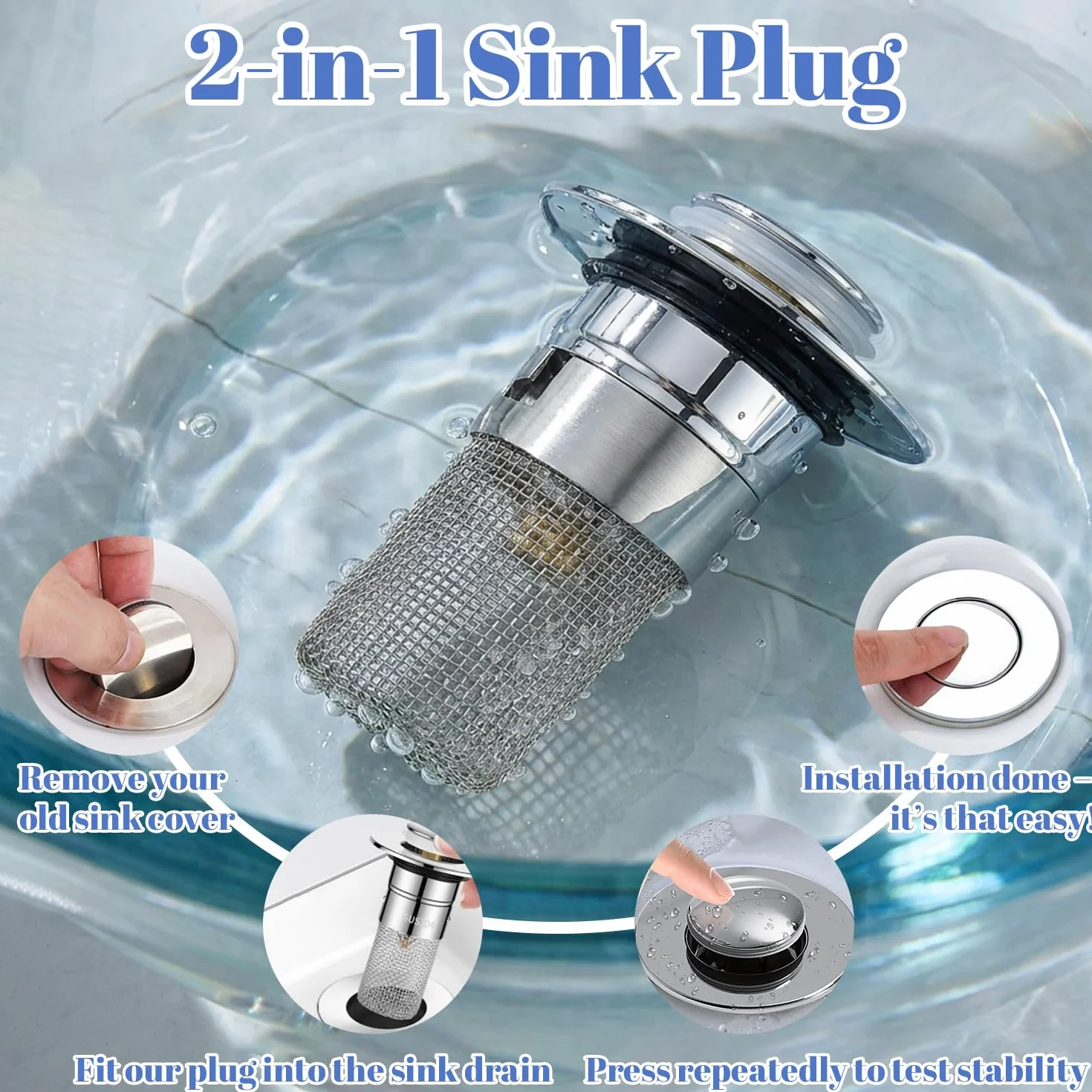 Bouchons d'évier universels lot de 2, pop-up inox avec filtre à cheveux 30-40 mm salle de bain cuisine
