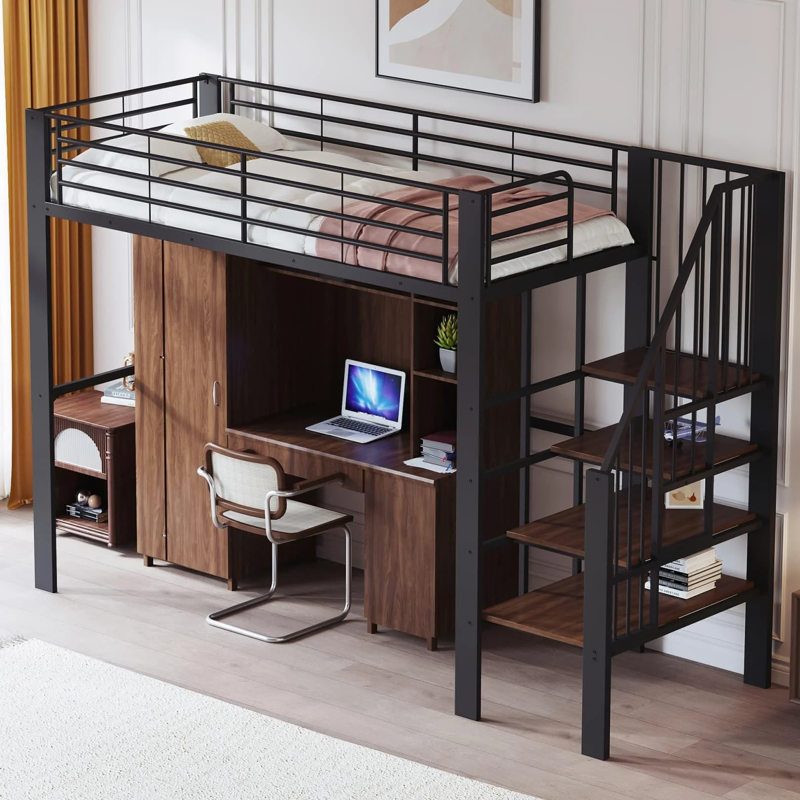 Lit Mezzanine 1 Place 90x200cm,Lit Mezzanine Enfants avec Grand Escalier de Rangement,Barrière Haute,Sommier à Lattes Solide,pour Enfants Adolescents(Noir 1,90)