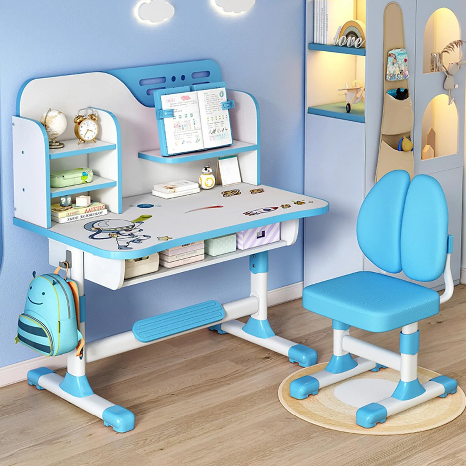 Ensemble table et chaises réglables pour enfants, bureau d'étude à domicile avec chaise ergonomique, cloison scientifique et tiroir, ensemble table et chaises pour enfants pour écrire, lire