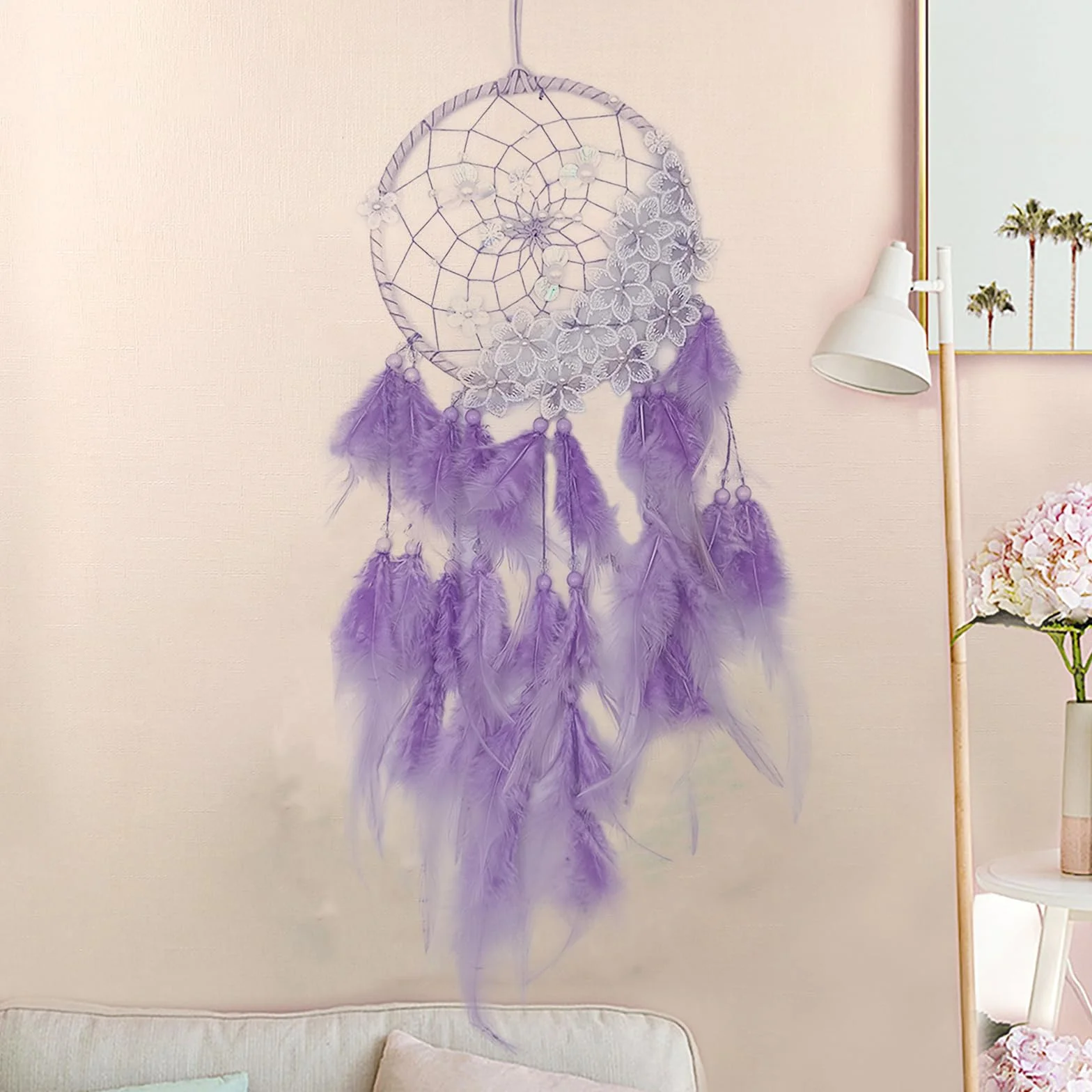Attrape Rêve Géant Violet avec Plumes, Handmade Capteur de Rêves Décoration Murale