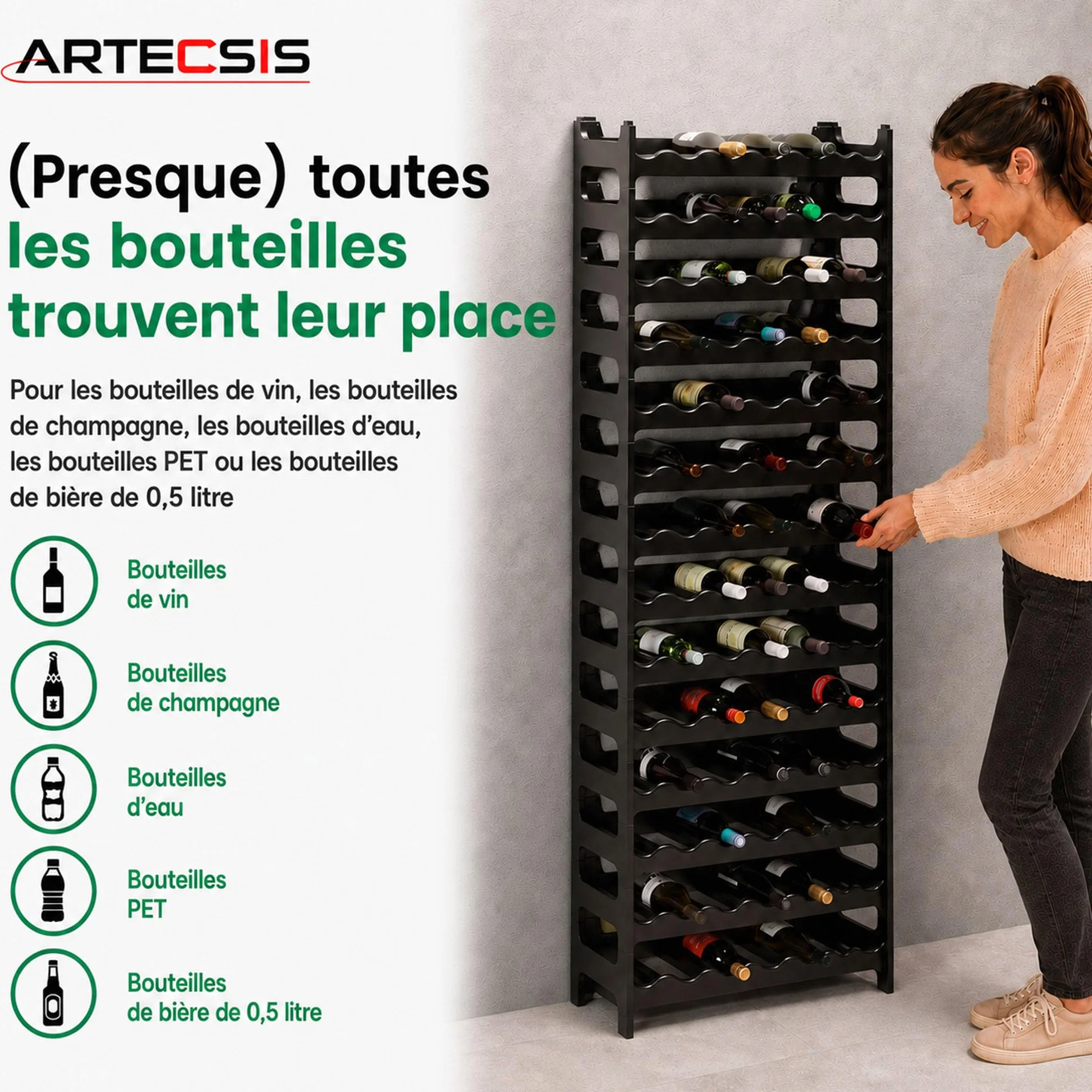 ARTECSIS Casier à Bouteilles pour 72 Bouteilles, Étagère à Vin, Range Bouteille en Plastique Noir