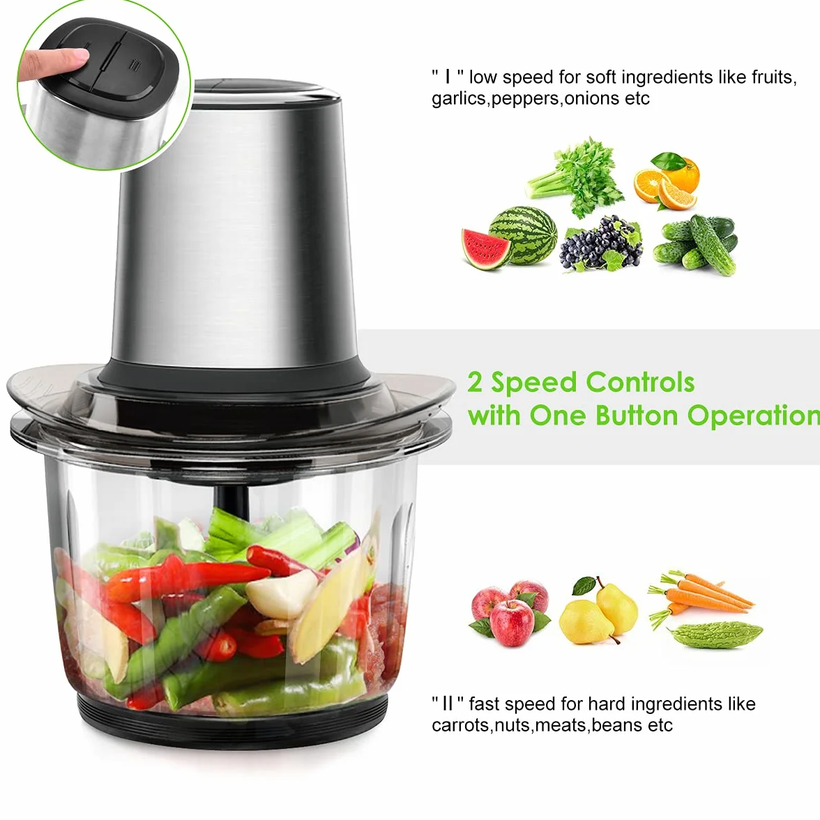 Hachoir Électrique Multifonction Avec Bol Verre 1.5L - 400W, 2 Niveaux de Vitesse, 4 Lames Amovibles pour Viande, Oignon, Herbes, Fruit Sec Rapide