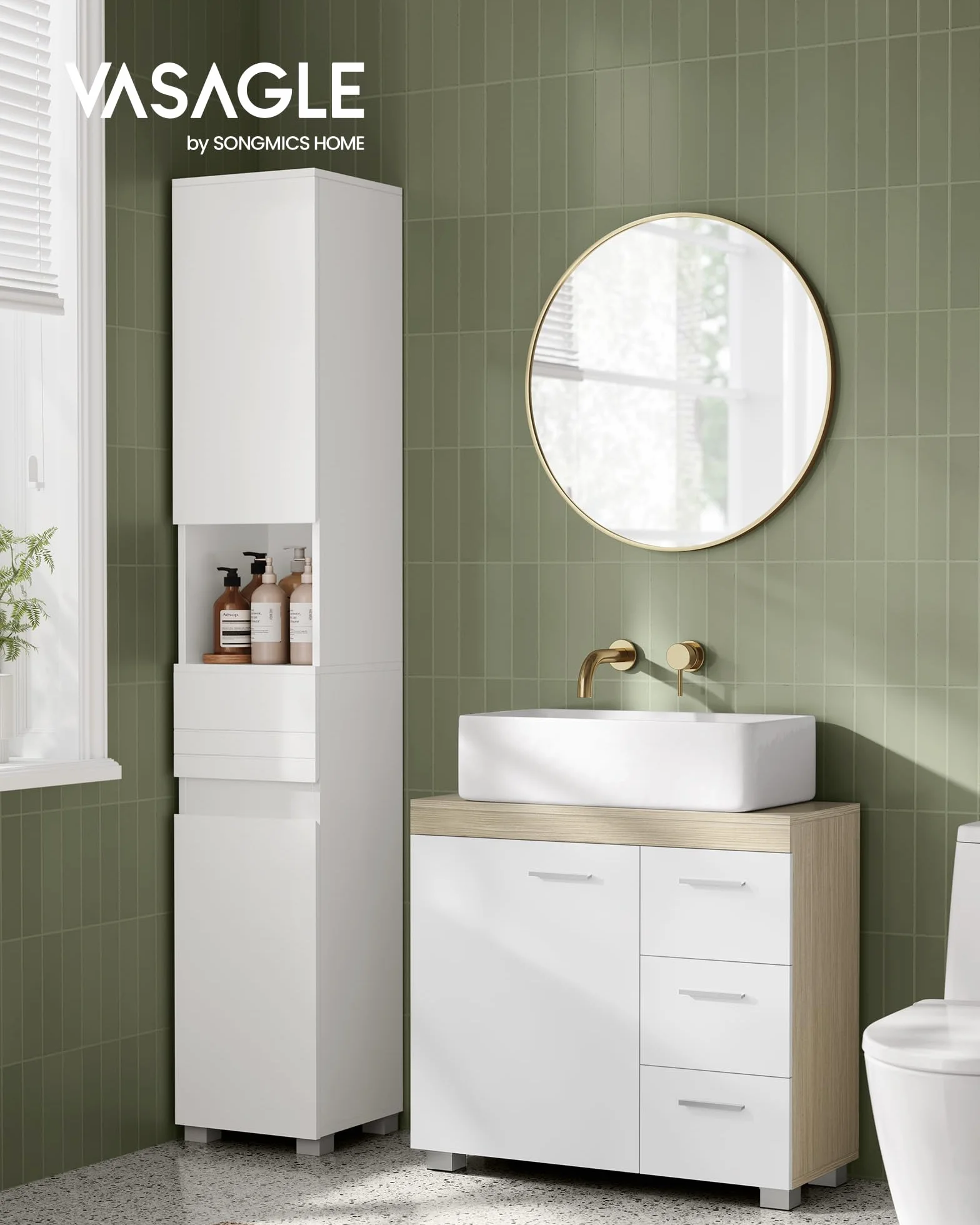 VASAGLE Meuble sous lavabo, Meuble de Salle de Bain, 3 Tiroirs Latéraux, 2 Cases derrière la Porte, pour Lavabos sur Colonne, avec Pieds, 30 x 70 x 64 cm, Blanc Nuage et Beige Naturel BBK504K01