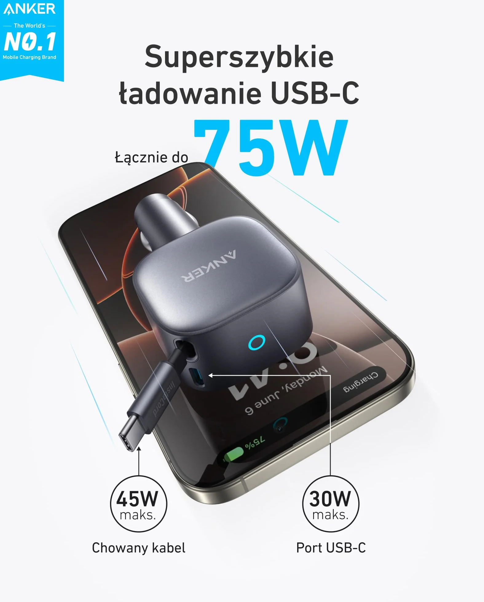 Anker ładowarka samochodowa USB-C 75W, ultrakompaktowa, z wbudowanym zwijanym kablem, szybkie ładowanie dla iPhone 16/15, MacBook Pro/Air, iPad, Galaxy, AirPods.
