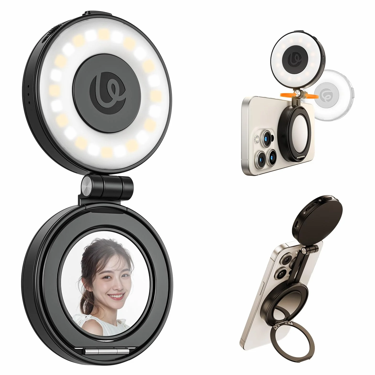 ULANZI LM23 Magnetyczna lampa do selfie, ulepszona lampa pierścieniowa do selfie 360° iPhone'a z mocowaniem rozmów wideo/konferencji/vlogów/fotografii (Czarny)