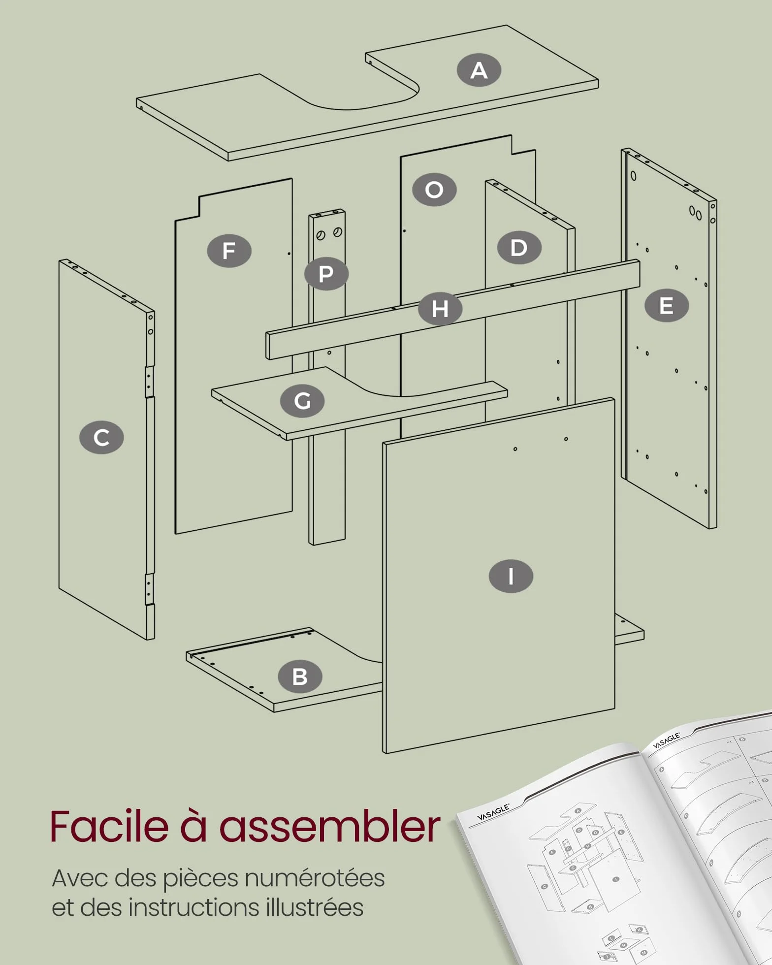 VASAGLE Meuble sous lavabo, Meuble de Salle de Bain, 3 Tiroirs Latéraux, 2 Cases derrière la Porte, pour Lavabos sur Colonne, avec Pieds, 30 x 70 x 64 cm, Blanc Nuage et Beige Naturel BBK504K01