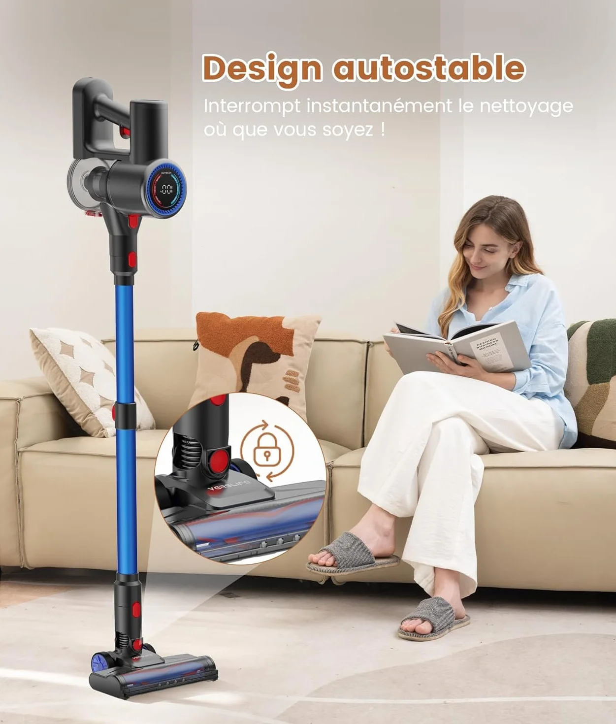 VersLife Z8 Aspirateur Balai sans Fil, 40Kpa/45Min/500W/6 en 1 Aspirateur Balai Léger avec LED Verte, Écran LED, Autoportant pour Poils d'animaux, sols Durs et Moquettes (Bleu foncé)