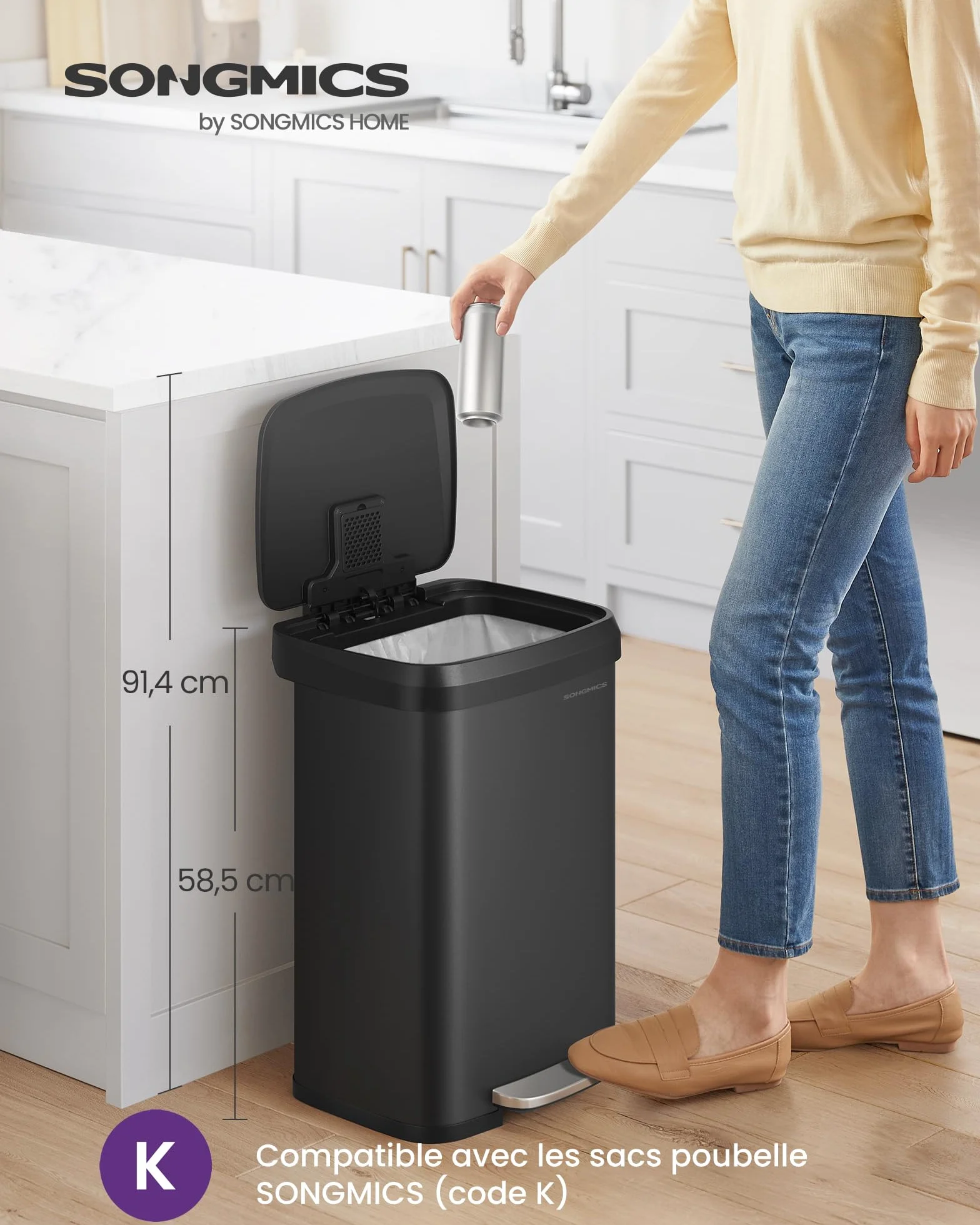 SONGMICS Poubelle de Cuisine 50L Métal à Pédale avec Couvercle Noir LTB530B5002