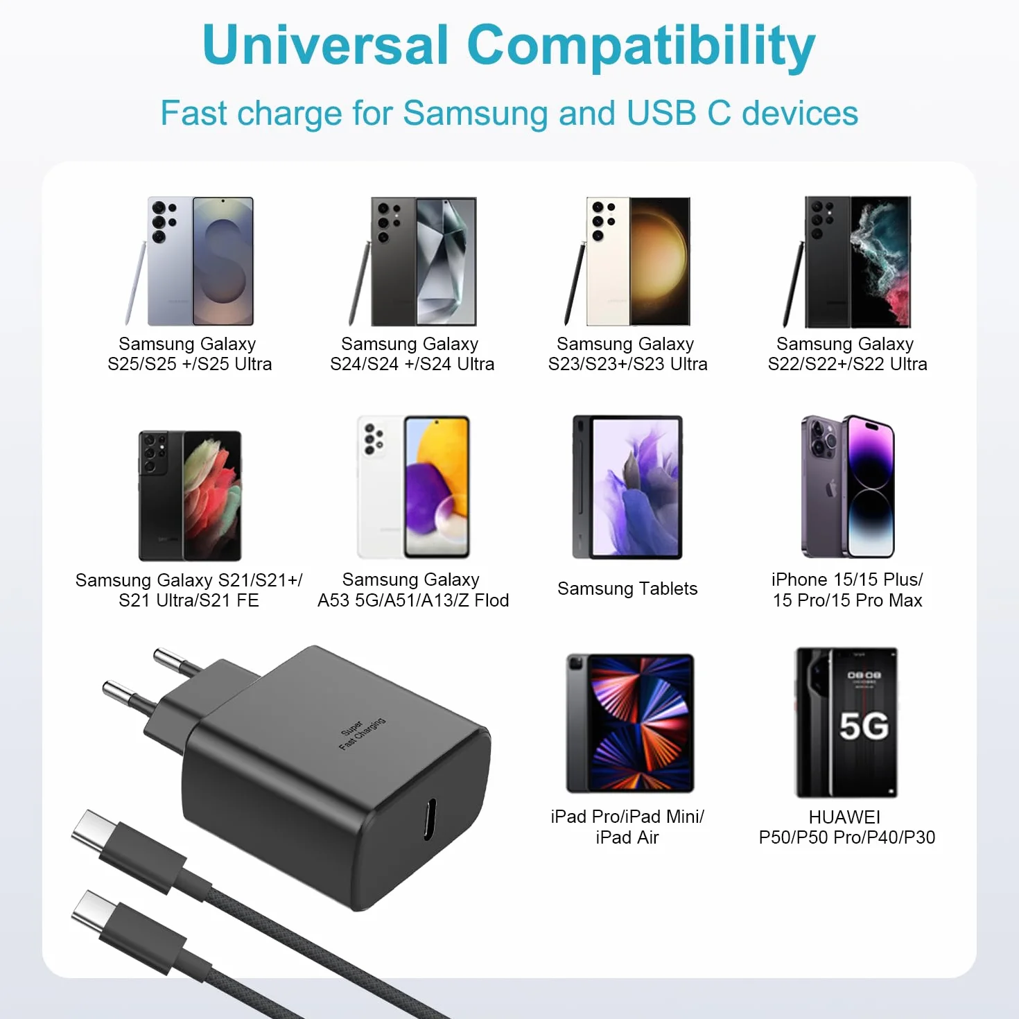 Ładowarka USB C 45 W do Samsung Galaxy S25 S24 S23/S23 Ultra/S22/S21/S20/Note20/A73/A53/S10, USBC Gniazdo ładowania Typ C Wtyczka ładowania Adapter z 3M Nylon Kabel USB Type-C