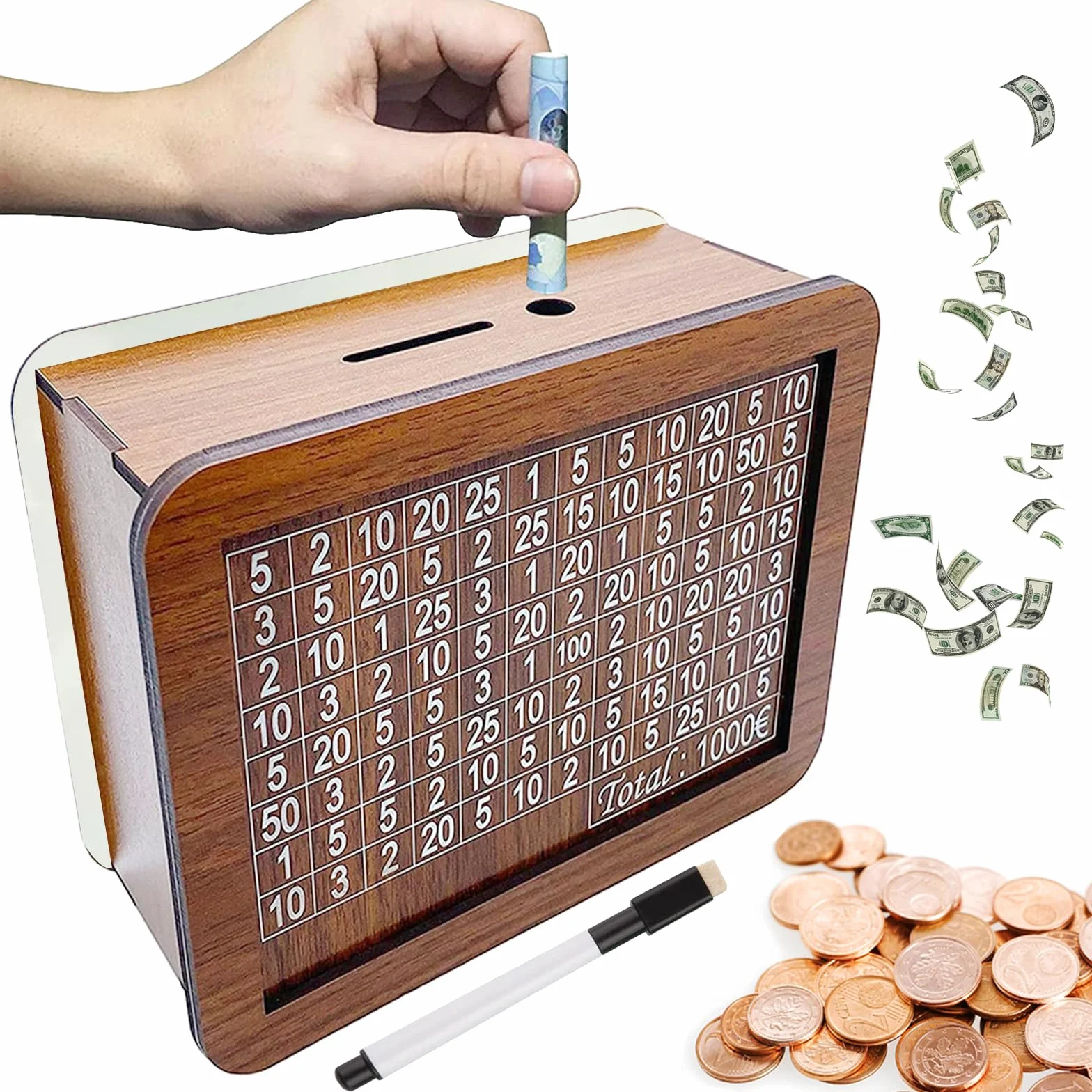 Tirelire en Bois avec Compteur et Marqueur Effaçable, Boîte à Monnaie Réutilisable, Objectif d'Épargne 1000€