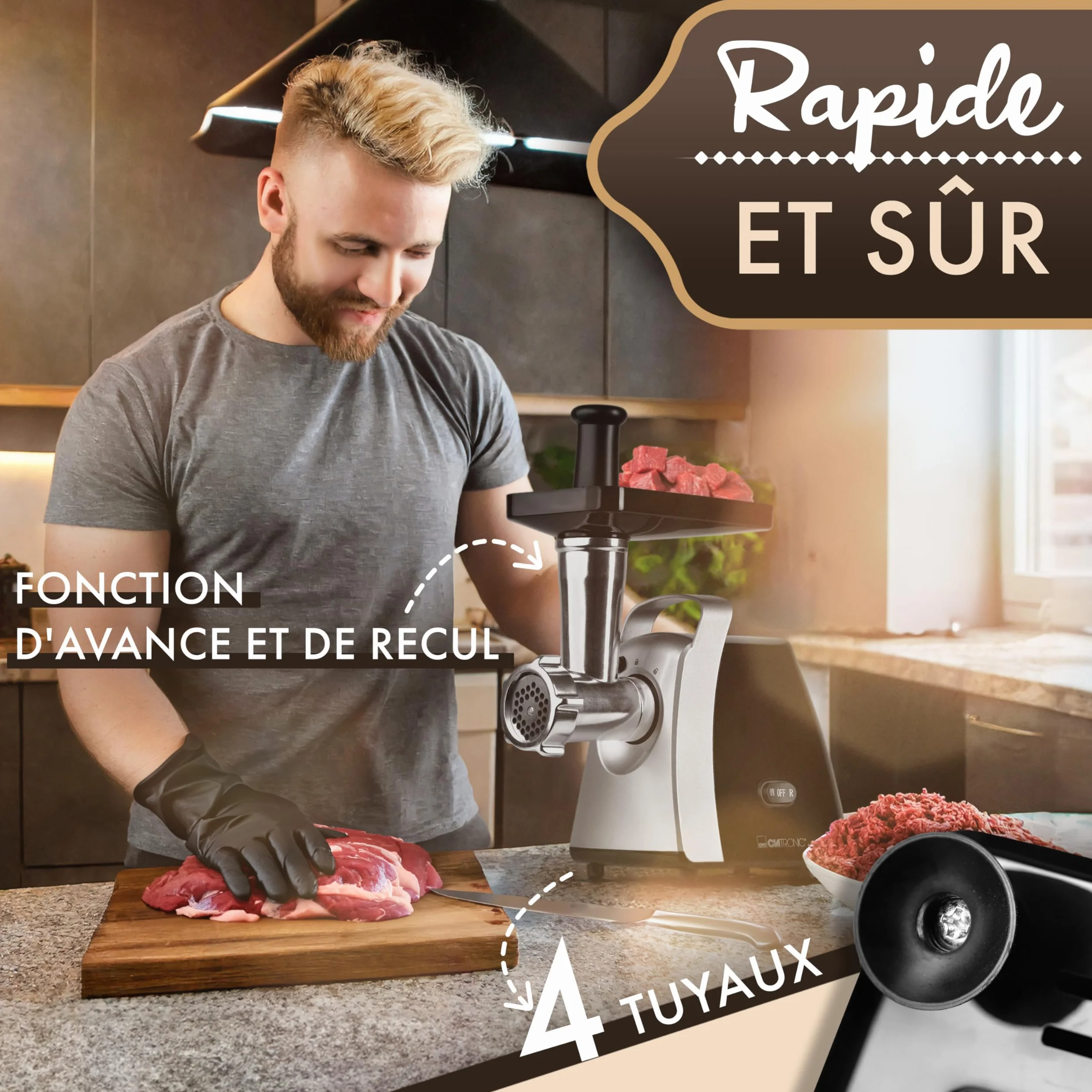 Clatronic® Hachoir à viande 1000 W | avec embout pour biscuits/pâtisseries | Hachoir à viande électrique | 3 disques perforés en métal | marche avant et arrière | avec remplissage à saucisses | cou