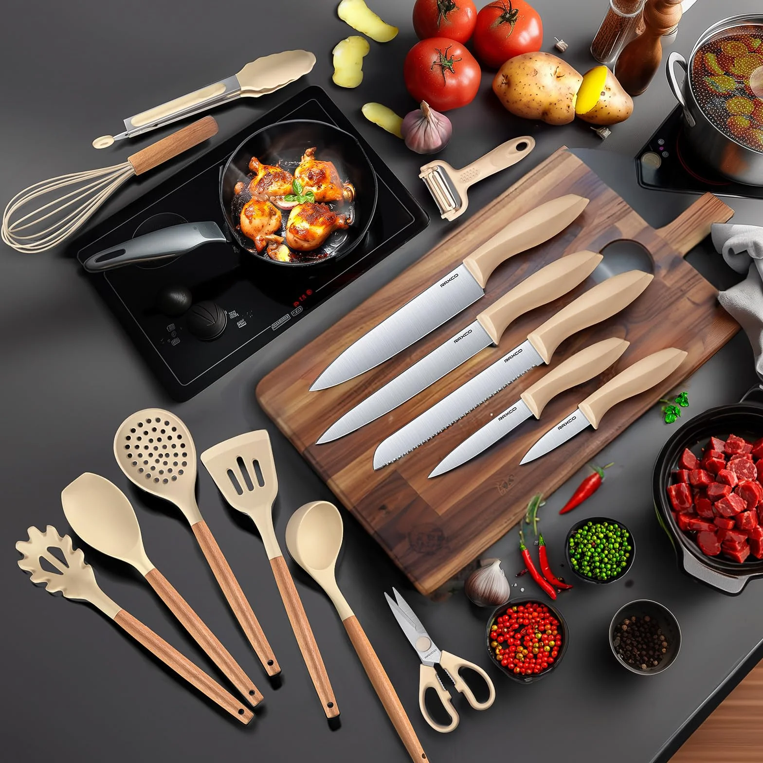 RAXCO Lot de 18 pièces couteaux de cuisine avec bloc, ustensiles et spatules silicone