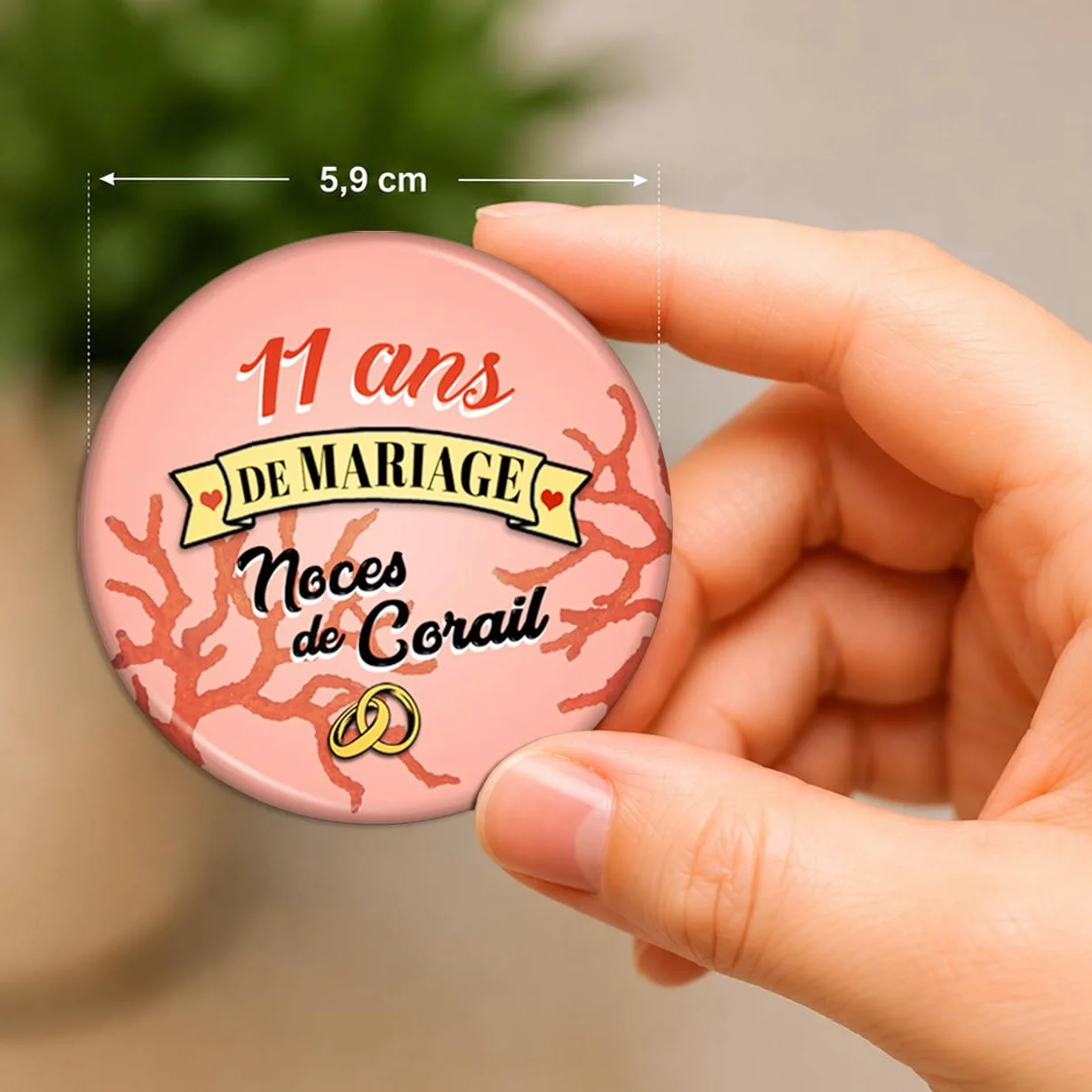 Décapsuleur Magnétique Aimant Noces de Corail 11 Ans Anniversaire Diamètre 5.9cm Anneaux Mariage