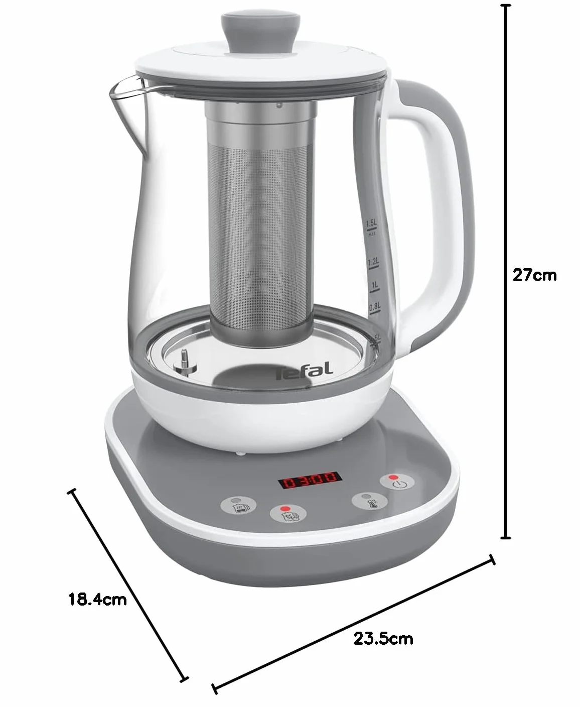 Tefal BJ551B10 Tastea machine à thé, 8 réglages de température, Capacité de 1,5 L, Panier à thé amovible en acier inoxydable, Maintien au chaud, Corps en verre résistant, Gris/Blanc