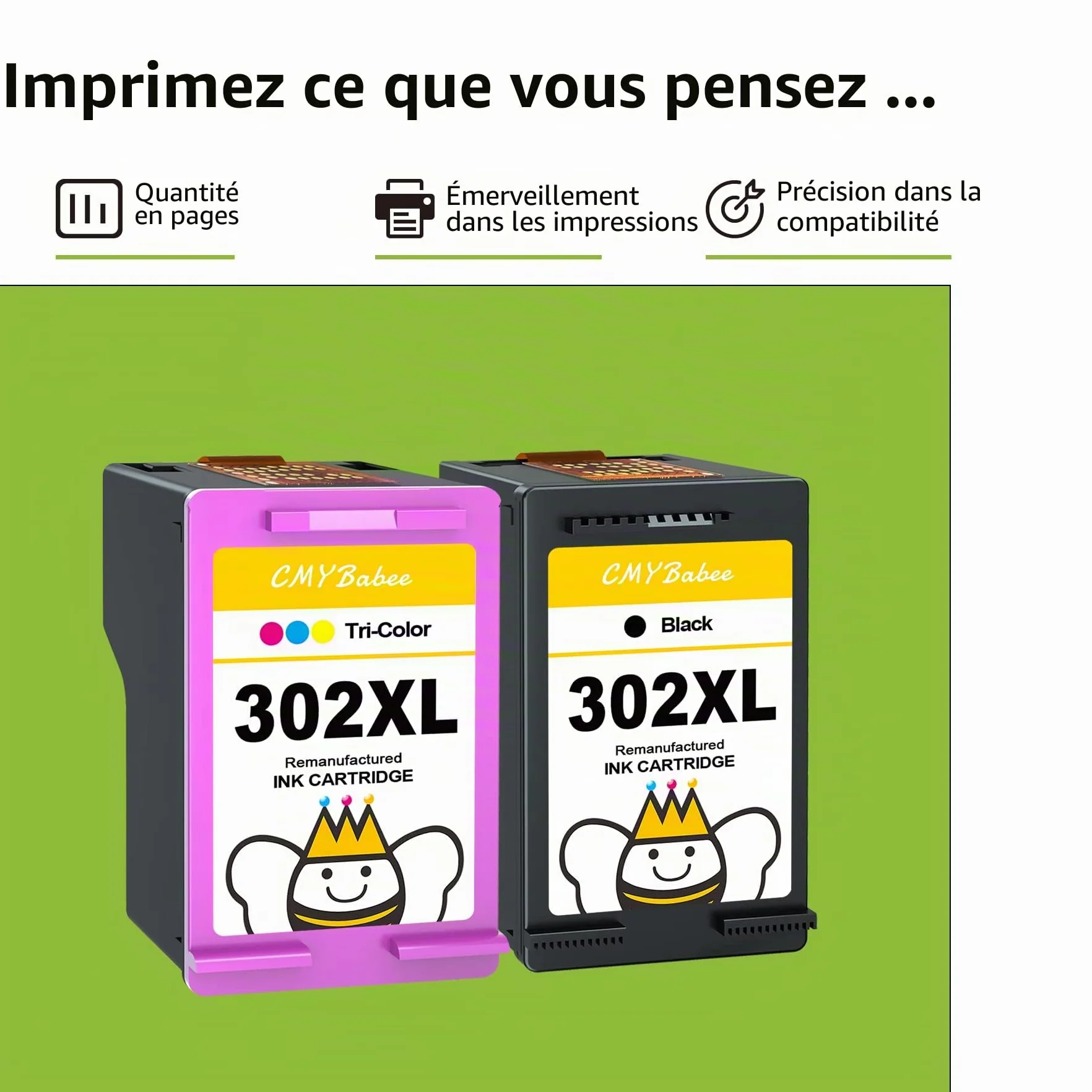 CMYBabee 302XL Cartouches d'encre Remplacement pour HP 302 XL Noir et Couleur pour HP Envy 4520 DeskJet 3630 Officejet 3831