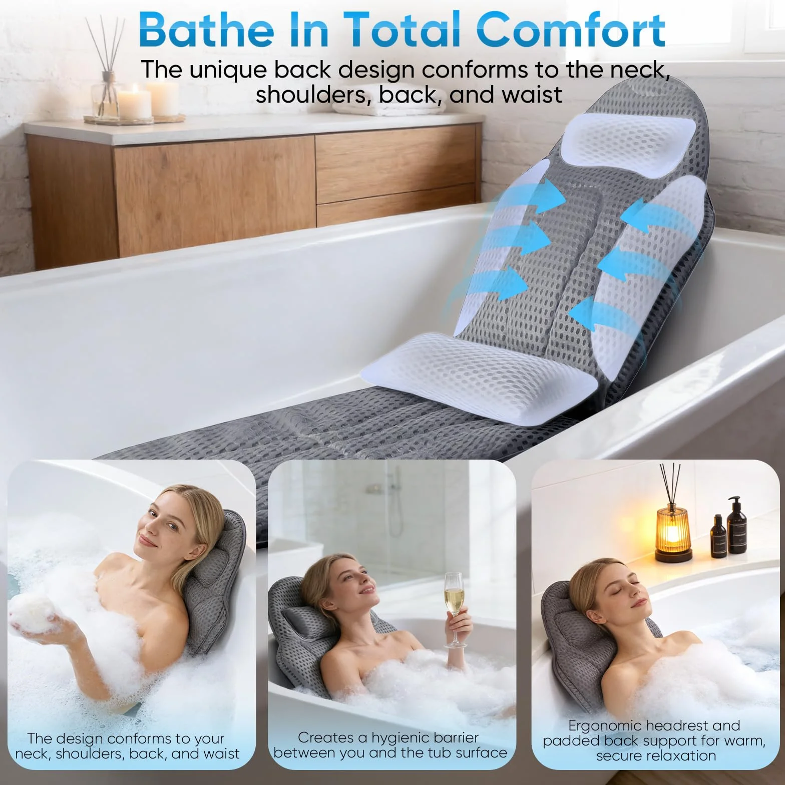 Coussin de bain Full Body avec coussin lombaire - Canapé de bain en maille 5D douce - Avec ventouses et appui-tête - 142 x 48 cm - Gris