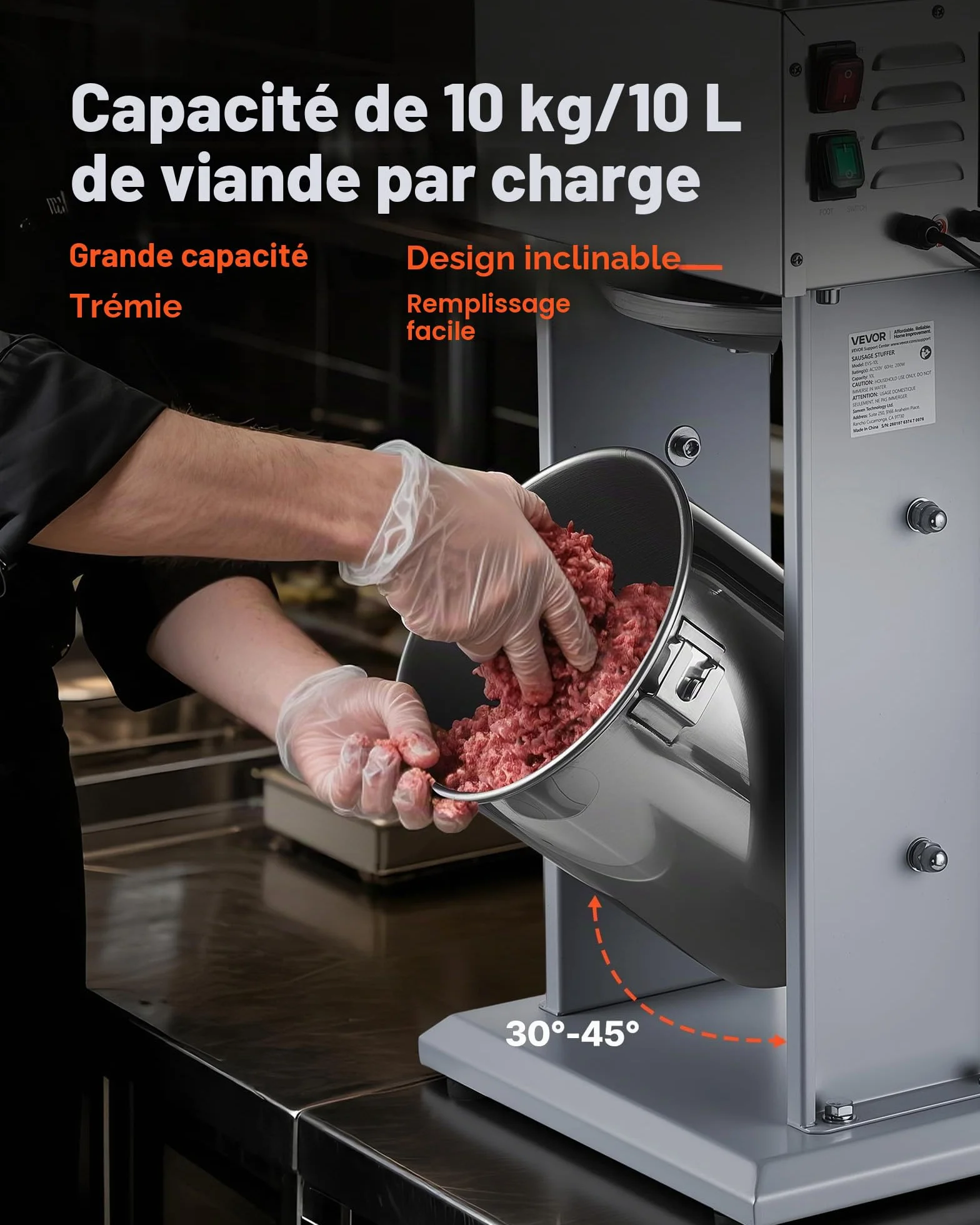 VEVOR Poussoir à Saucisses Électrique 10 L, Machine à Saucisses Verticale en Acier Inoxydable, pour Saucissons Restaurant Supermarché Boucherie, Réglage Continu de la Vitesse, 4 Tubes de Remplissage