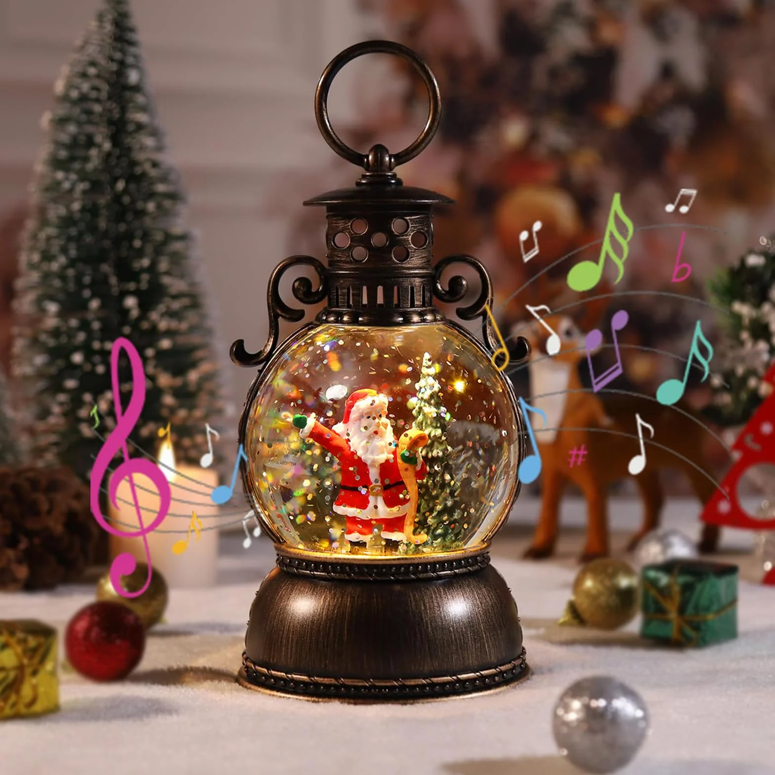 Boule à neige lanterne de Noël avec musique, décoration de Noël vintage éclairée, boule de neige étincelante musicale de Noël, ornement de Noël musical avec Père Noël, cadeau de Noël