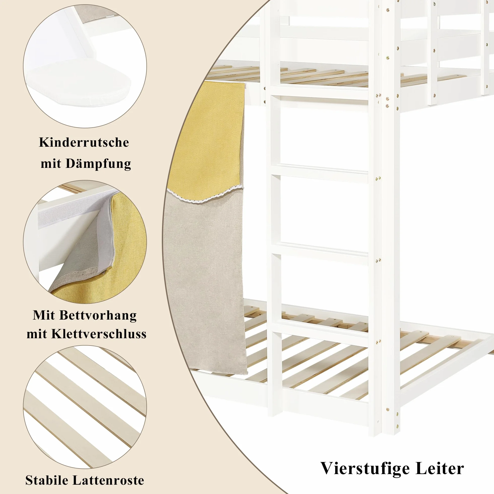 Lit superposé pour Enfants avec Toboggan, lit en Bois avec escalier et clôtures, lit pour Enfant avec Rideau de lit, Protection Anti-Chute, Bois Massif (sans Matelas) (Blanc-02W, 90x200cm)