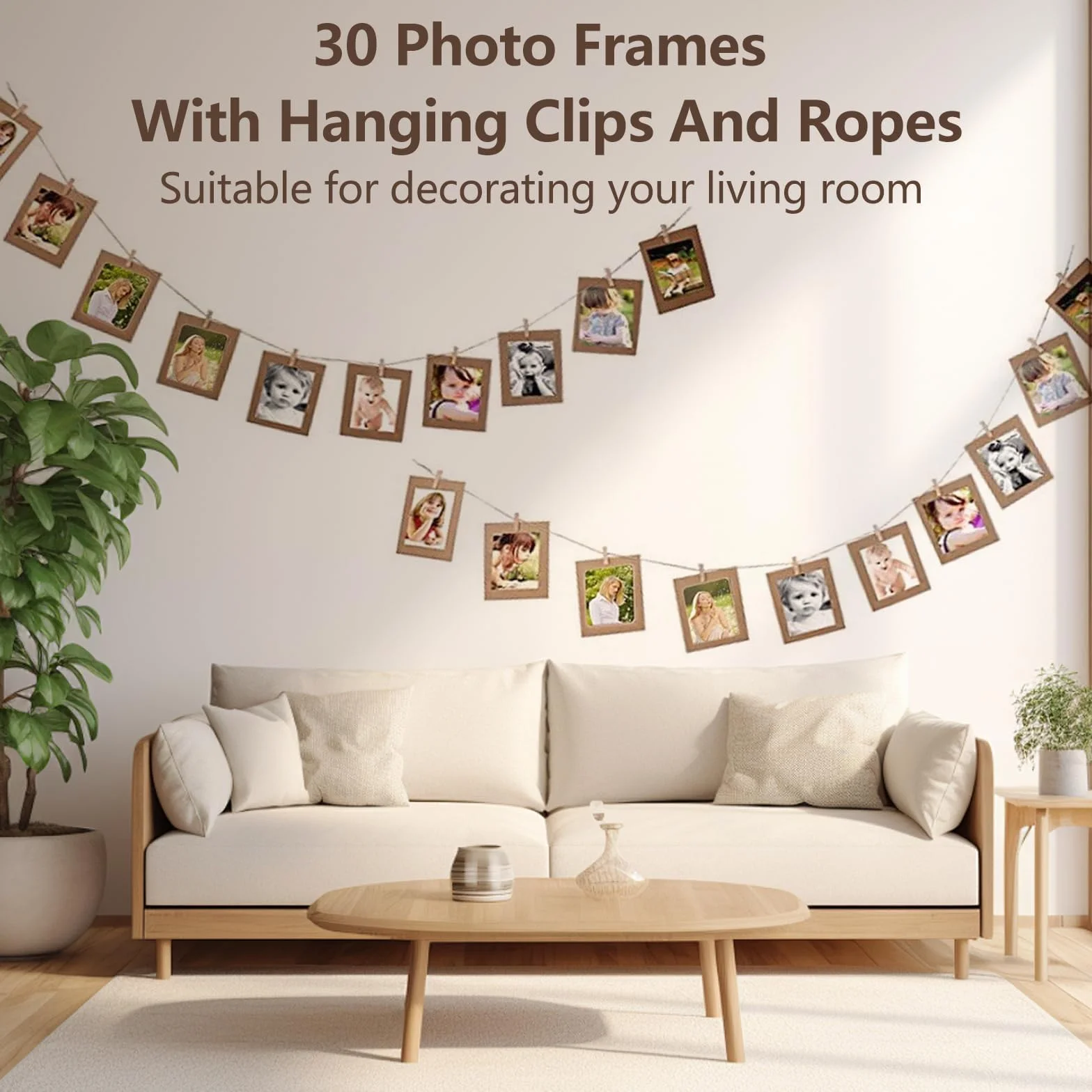 Cadre Photo en Papier Kraft DIY 10x15 30pcs avec Pinces Bois, Cordes Accrocher Photos pour Décoration Murale Kaki