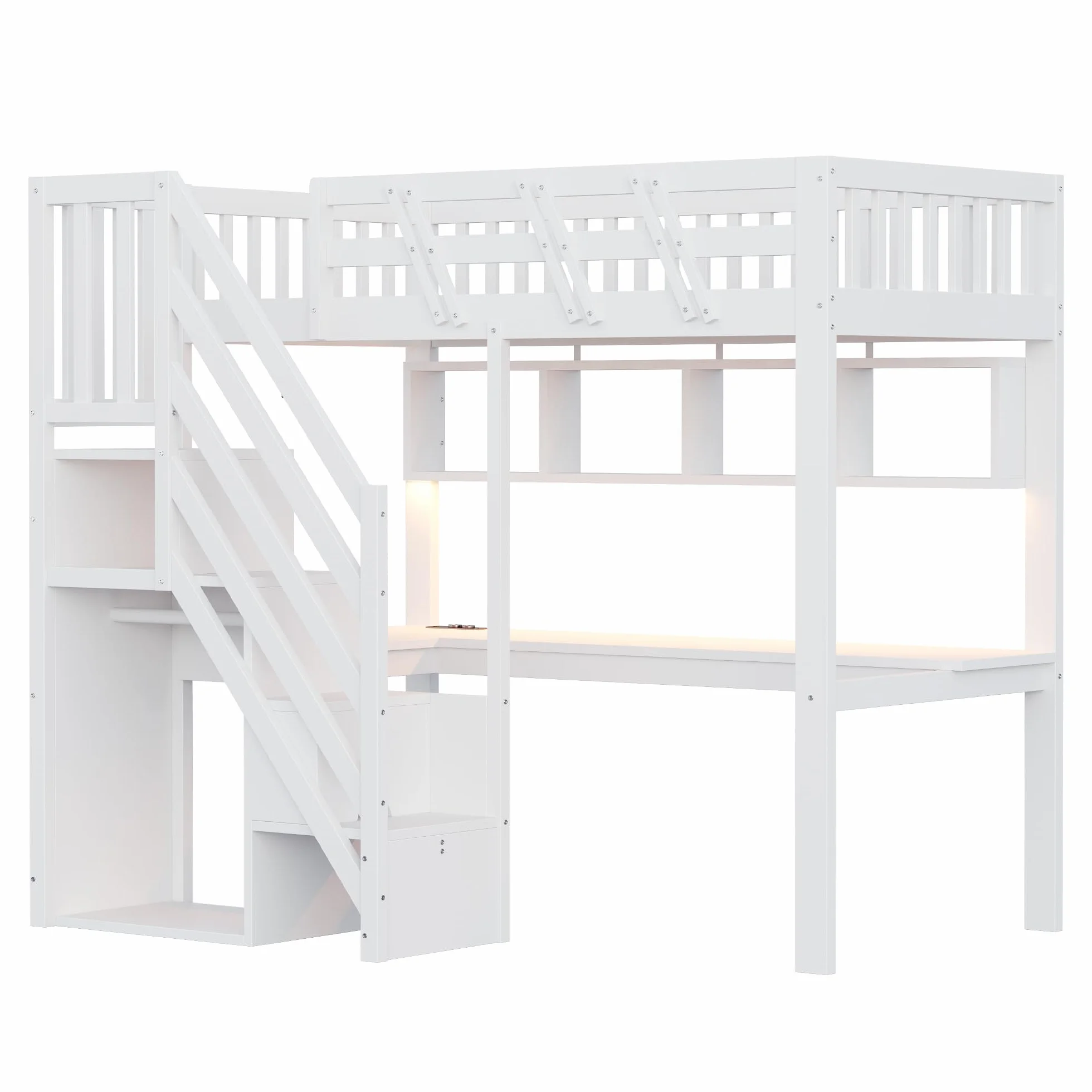 Merax Lit mezzanine 90 x 200 cm, cadre en bois massif, avec bureau, éclairage LED et prise USB, lit pour enfant/adolescent, avec espace de rangement, lit simple, peu encombrant, blanc (sans matelas)