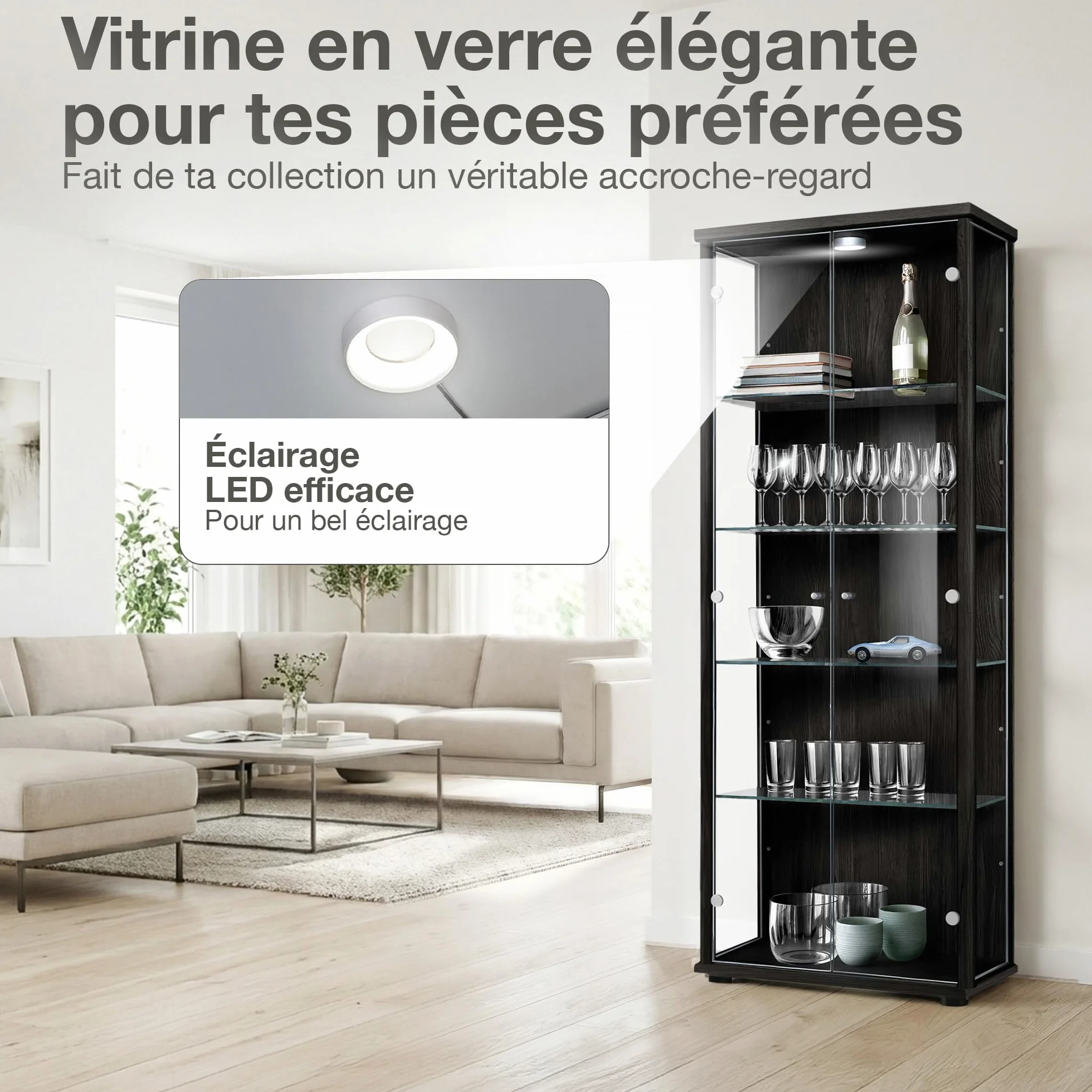 Meuble vitrine Verre 2-Portes (176x67x33cm) - Fabriqué en Allemagne - Vitrine Salle a Manger Noir avec 4 étagères en Verre réglables & LED - Armoires vitrées de présentation Figurine