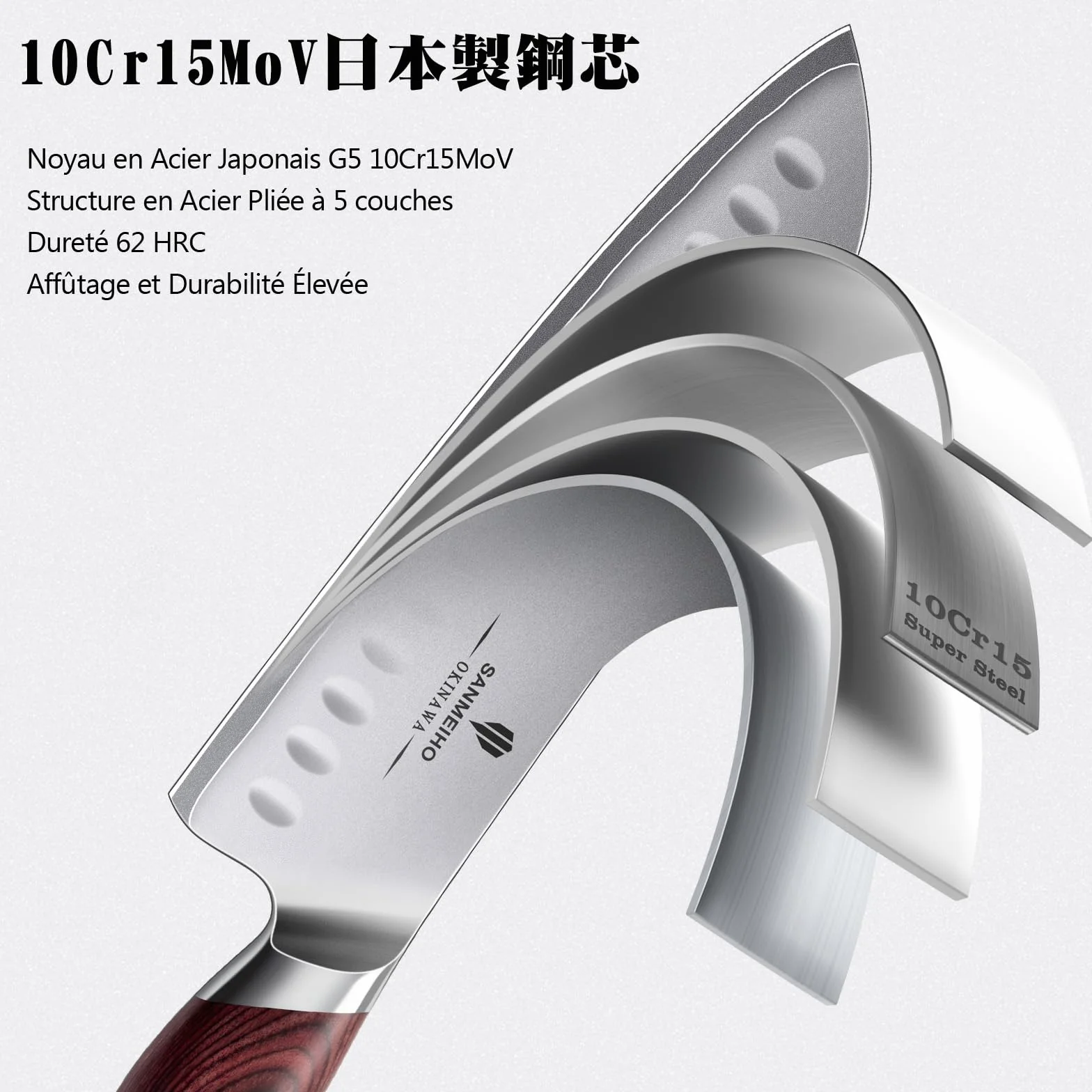 SANMEIHO Couteau de Cuisine Santoku 18 cm, Lame 12°, Acier Japonais 10Cr15MoV (62HRC), Manche Bois de Pakka