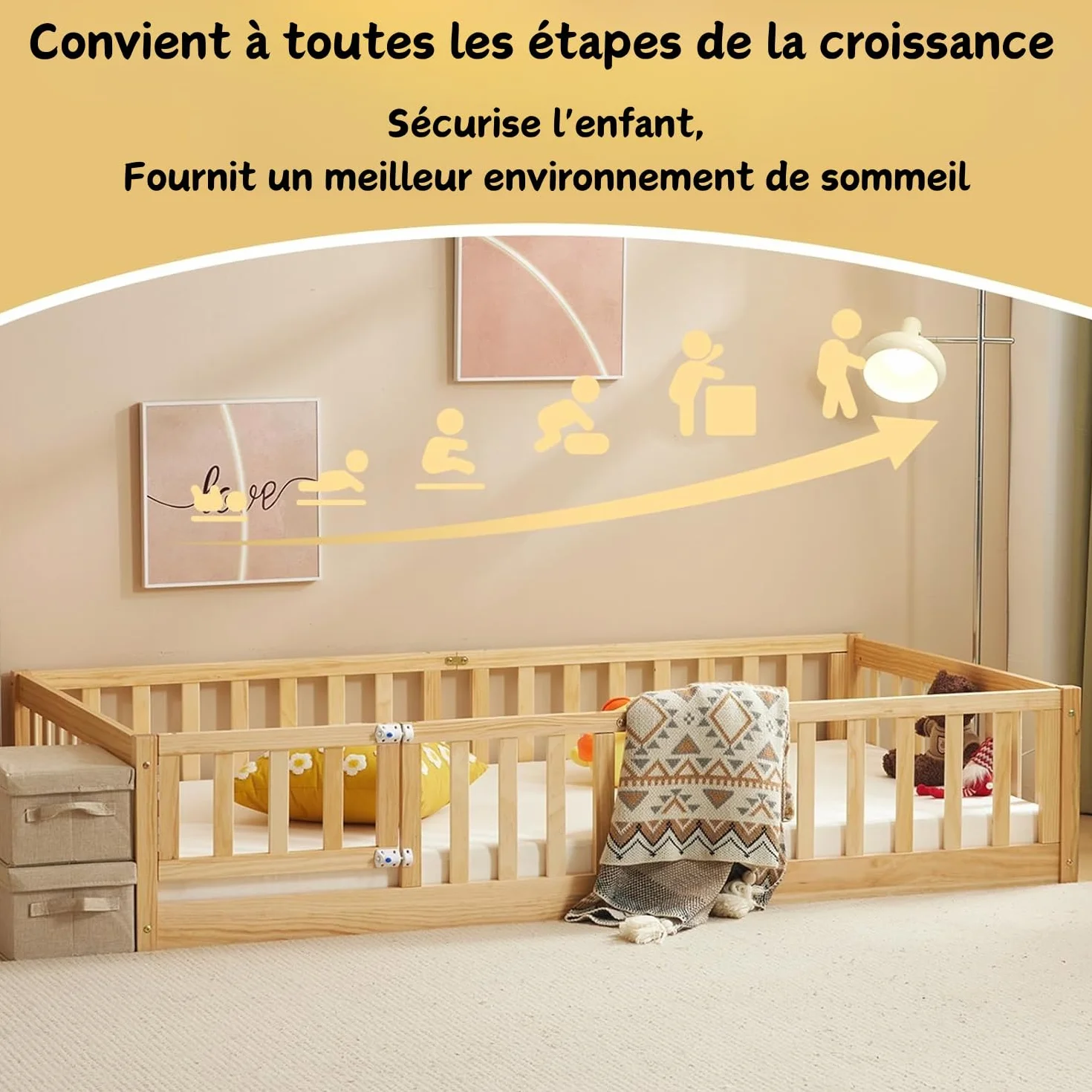 LEADZM Lit Montessori 140x200 cm - Bois Massif avec Porte et Barrière Sécurisée - 12 Lattes Renforcées, Garde-Corps Intégré - pour Enfants et Bébés (Couleur Naturelle)