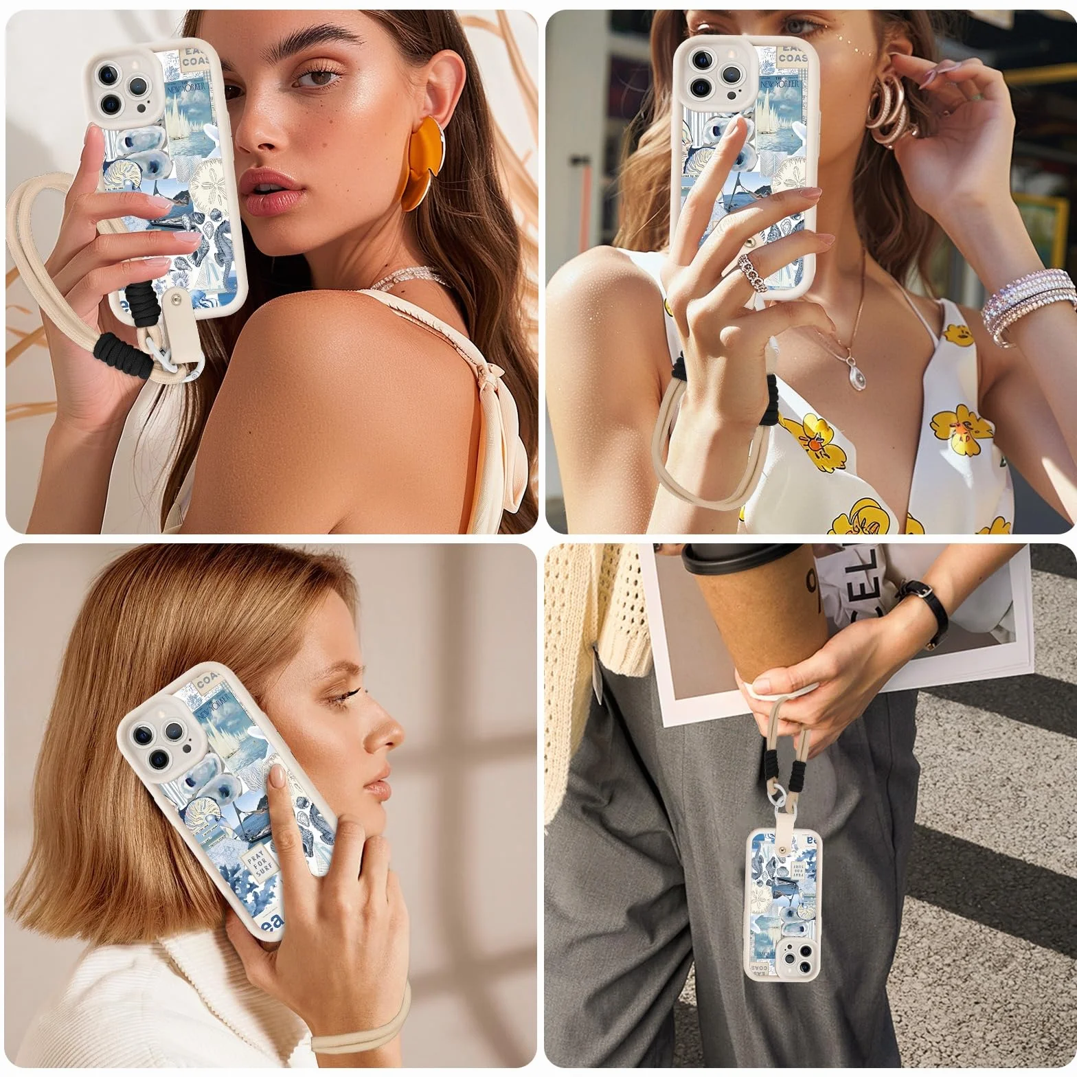Yoedge Pokrowiec ze smyczą Zegarki dla iPhone 13 Pro Max, Kolaż estetyczne letnie puzzle muszle koralowe rysunki, silikonowe etui z paskiem na ramię naszyjnik dla iPhone 13 Pro Max 6,7"