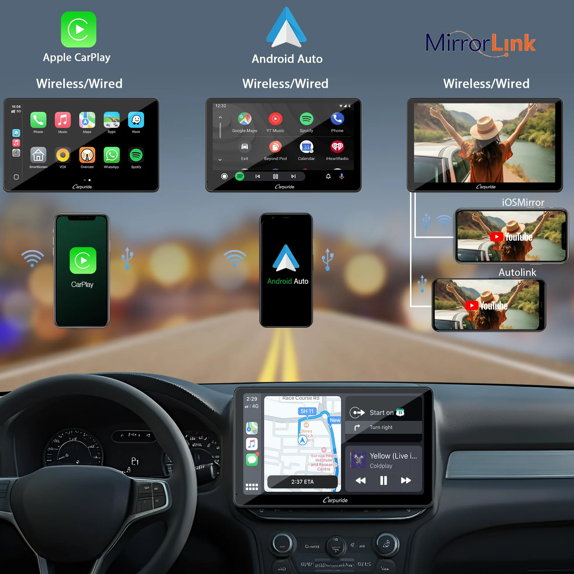 Carpuride YT101S radio samochodowe z podwójnym DIN, bezprzewodowe CarPlay i Android Auto z kamerą cofania, ekran dotykowy HD 10,1", nawigacja GPS, Mirror Link, muzyka Bluetooth, USB, FM, SWC