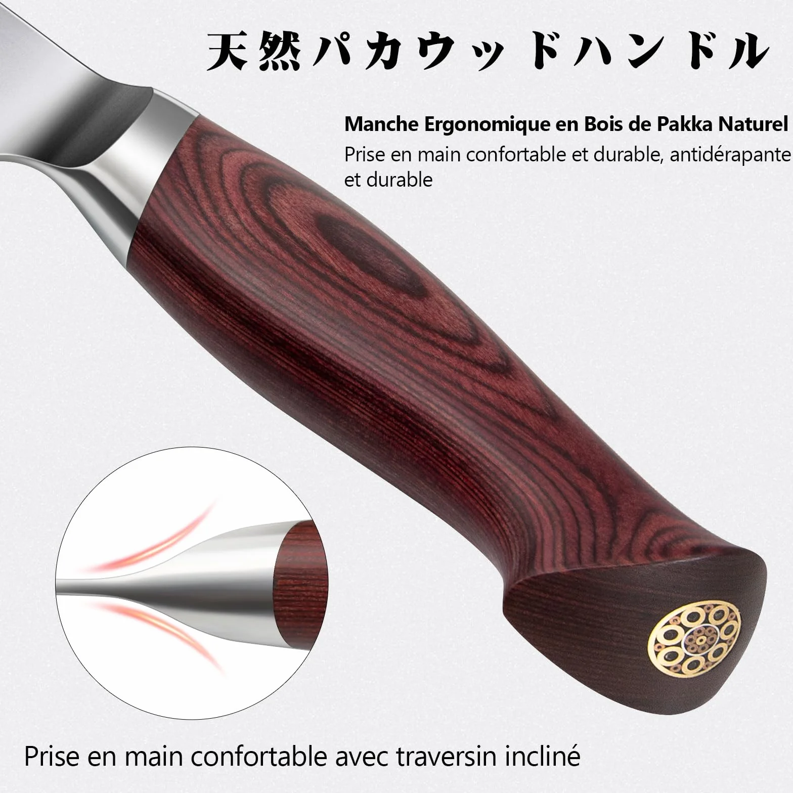 SANMEIHO Couteau de Cuisine Santoku 18 cm, Lame 12°, Acier Japonais 10Cr15MoV (62HRC), Manche Bois de Pakka