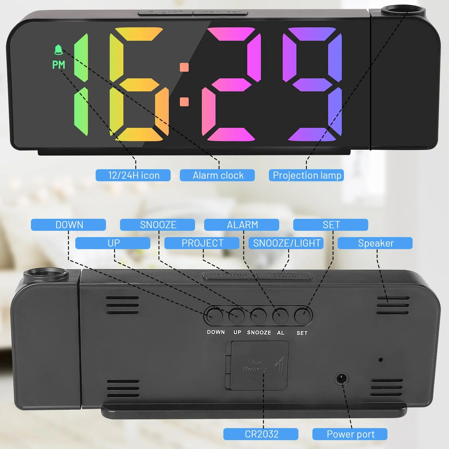 Horloge Numérique LED Réveil Projection avec Température, Snooze, Mode Nuit, Affichage 12H/24H, Noir