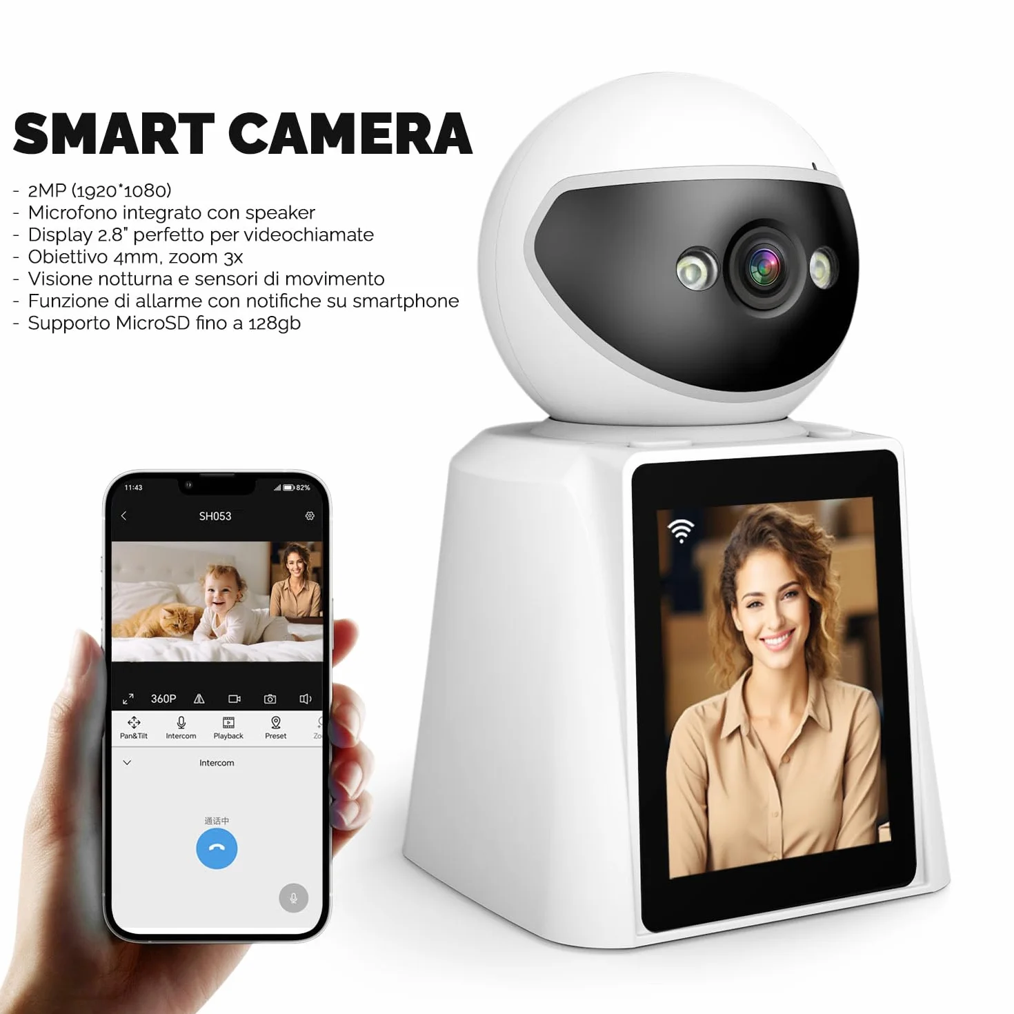 Kamera bezpieczeństwa, wyświetlacz 2,8" HD, dwukierunkowe rozmowy wideo, wykrywanie człowieka, podczerwień, możliwość podłączenia za pomocą aplikacji na Androida lub iOS, panoramiczne