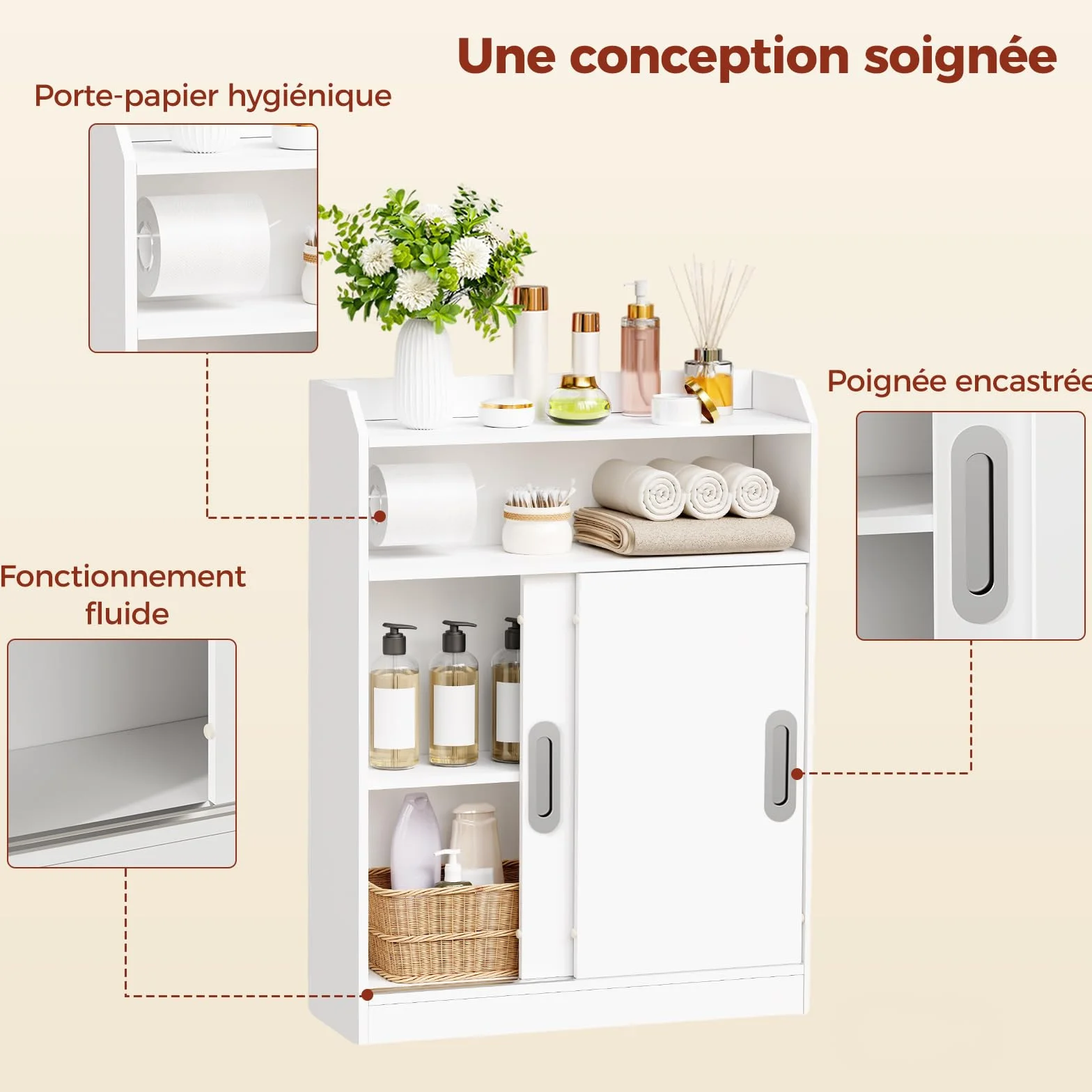 BEWISHOME Meuble de Salle de Bain avec Porte Coulissante et Poignées Intégrées,Meuble Toilette Gain de Place,Étagère Réglable et Support Papier Toilette,20x60x80cm,Blanc EYYG16W