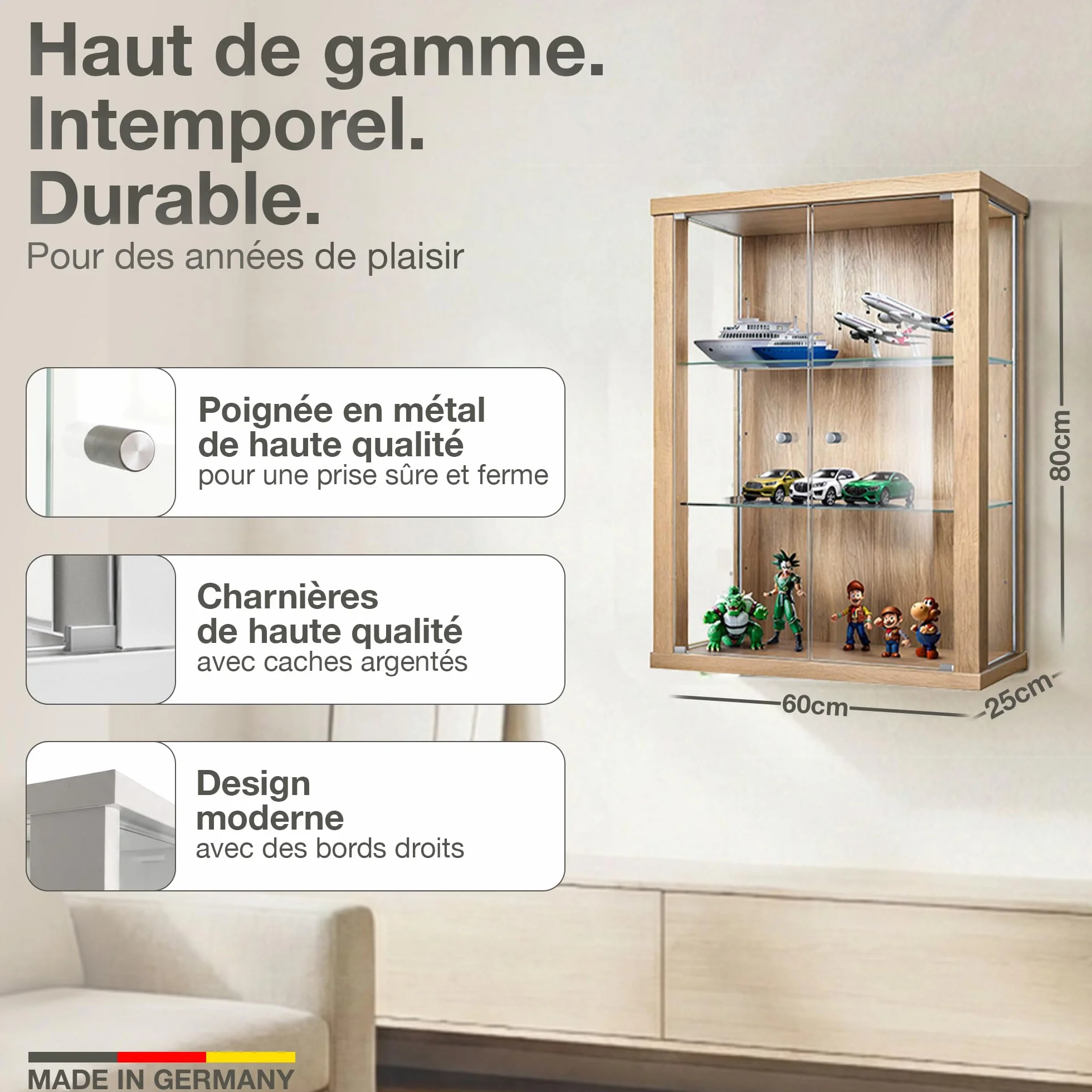 Vitrine Murale Verre (80x60x25cm) - Fabriqué en Allemagne - Petite Vitrine en Verre Suspendue avec 2 étagères réglables en Verre trempé (ESG) in Hêtre - armoires vitrées de présentation