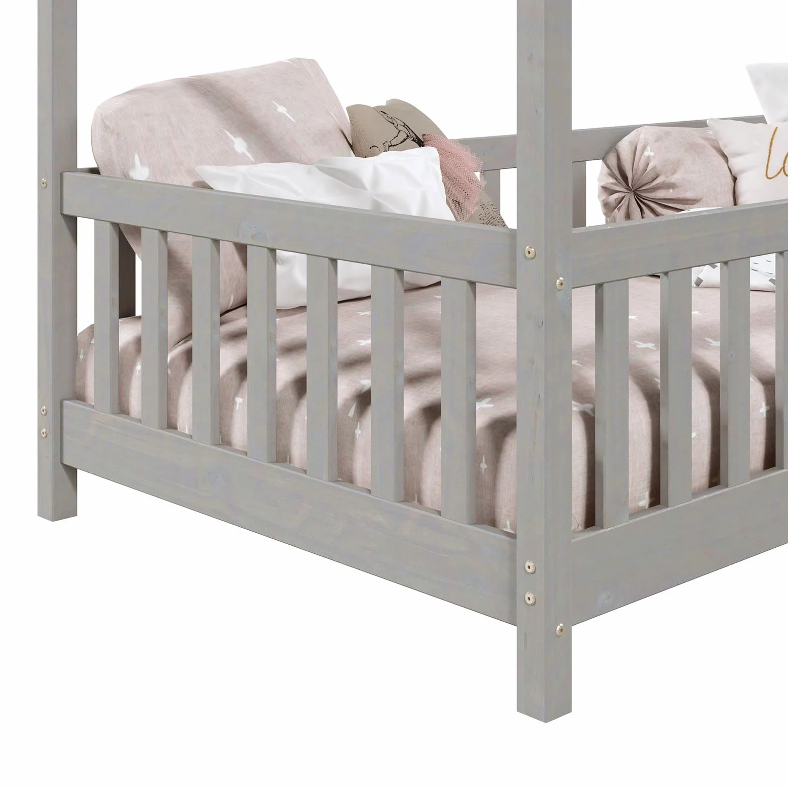 IDIMEX Lit cabane Enfant 90x190 cm LISAN lit Simple Montessori avec Barrières de Protection en Bois Massif lasuré Gris