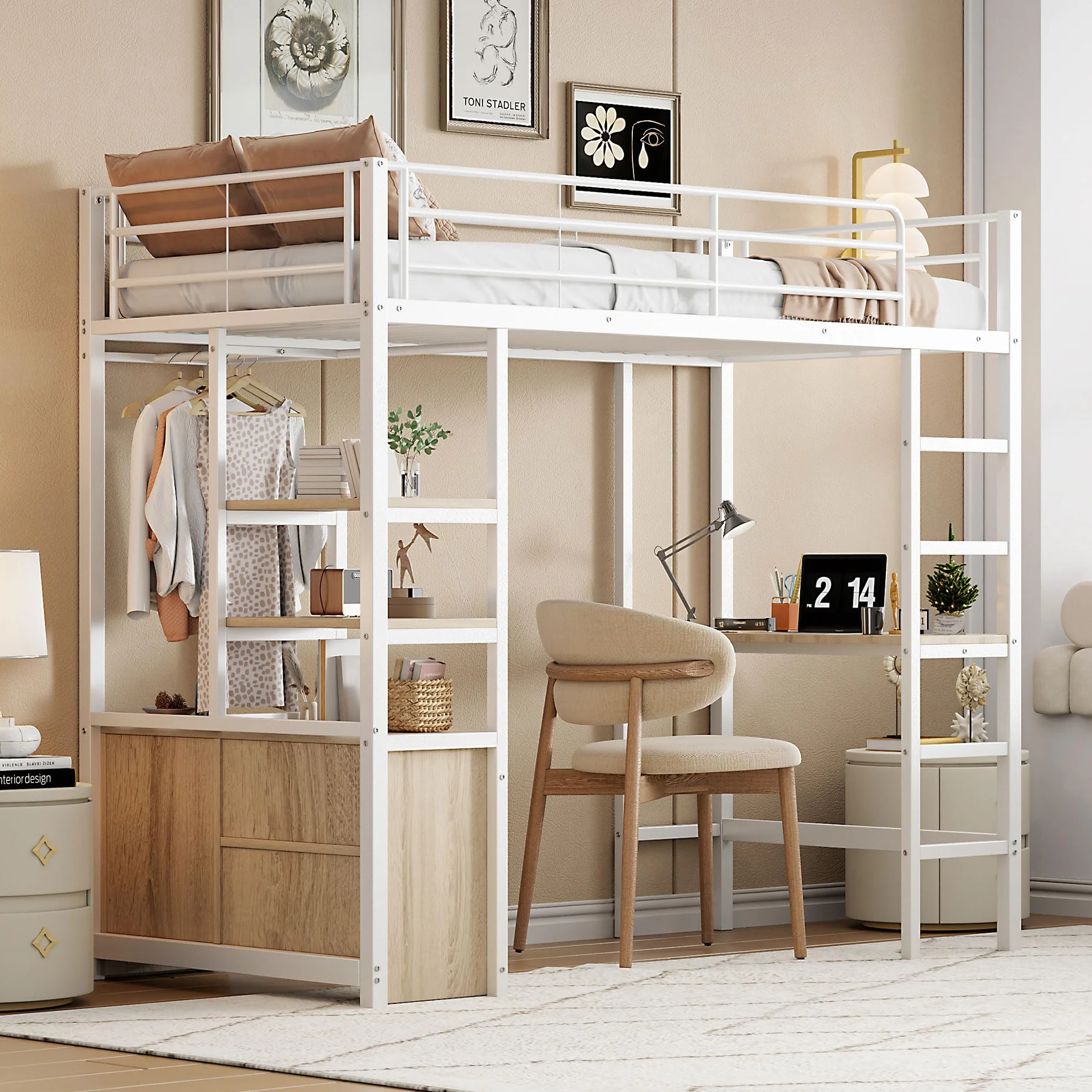 Lit Mezzanine 1 Place 90x200 cm avec USB, Lit Enfant en Métal avec Armoire de Rangement Ouverte, Lit Mezzanine Enfant avec Bureau et Plusieurs étagères, Lit en Hauteur avec échelle et Balustrade