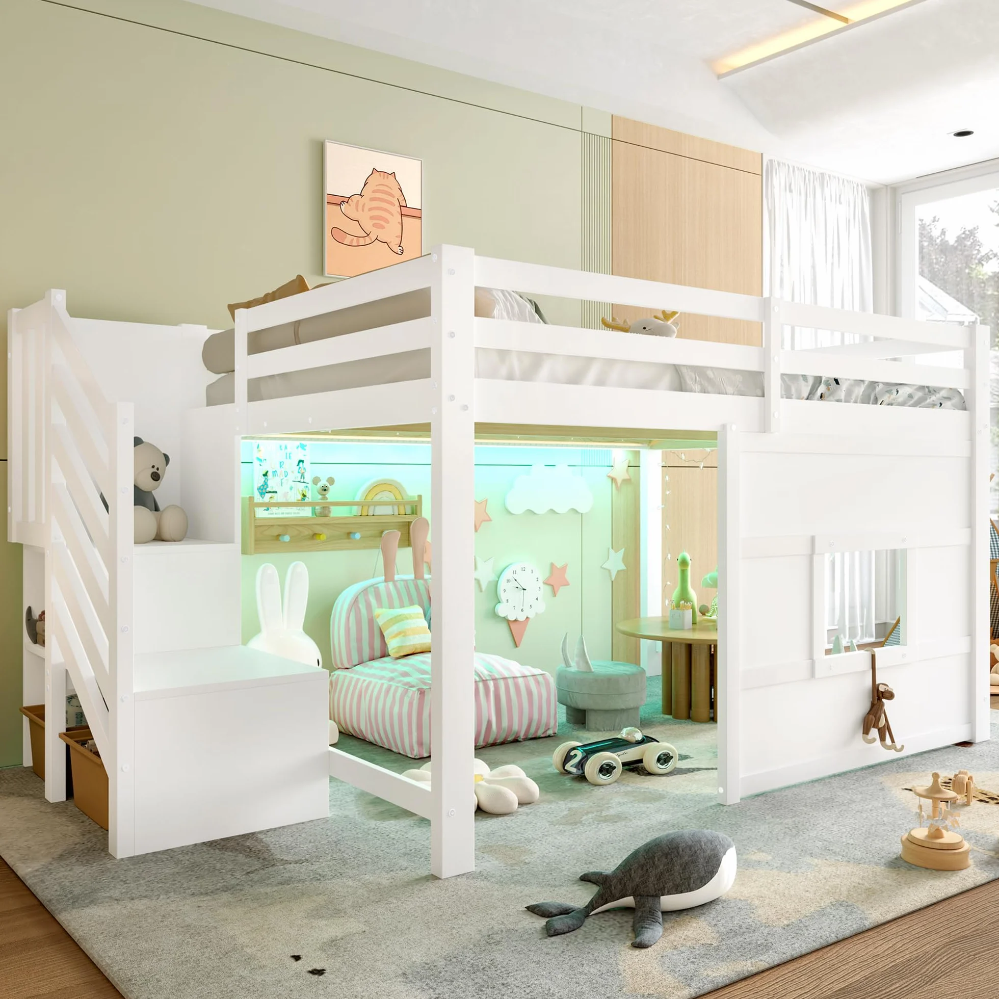 Lit Mezzanine 140x200 cm avec Escalier De Rangement et Fenêtre, Blanc – Lit Superposé Enfant 1 Place, Structure Robust en Pin Massif, Sécurité Garantie, pour Garçon et Fille