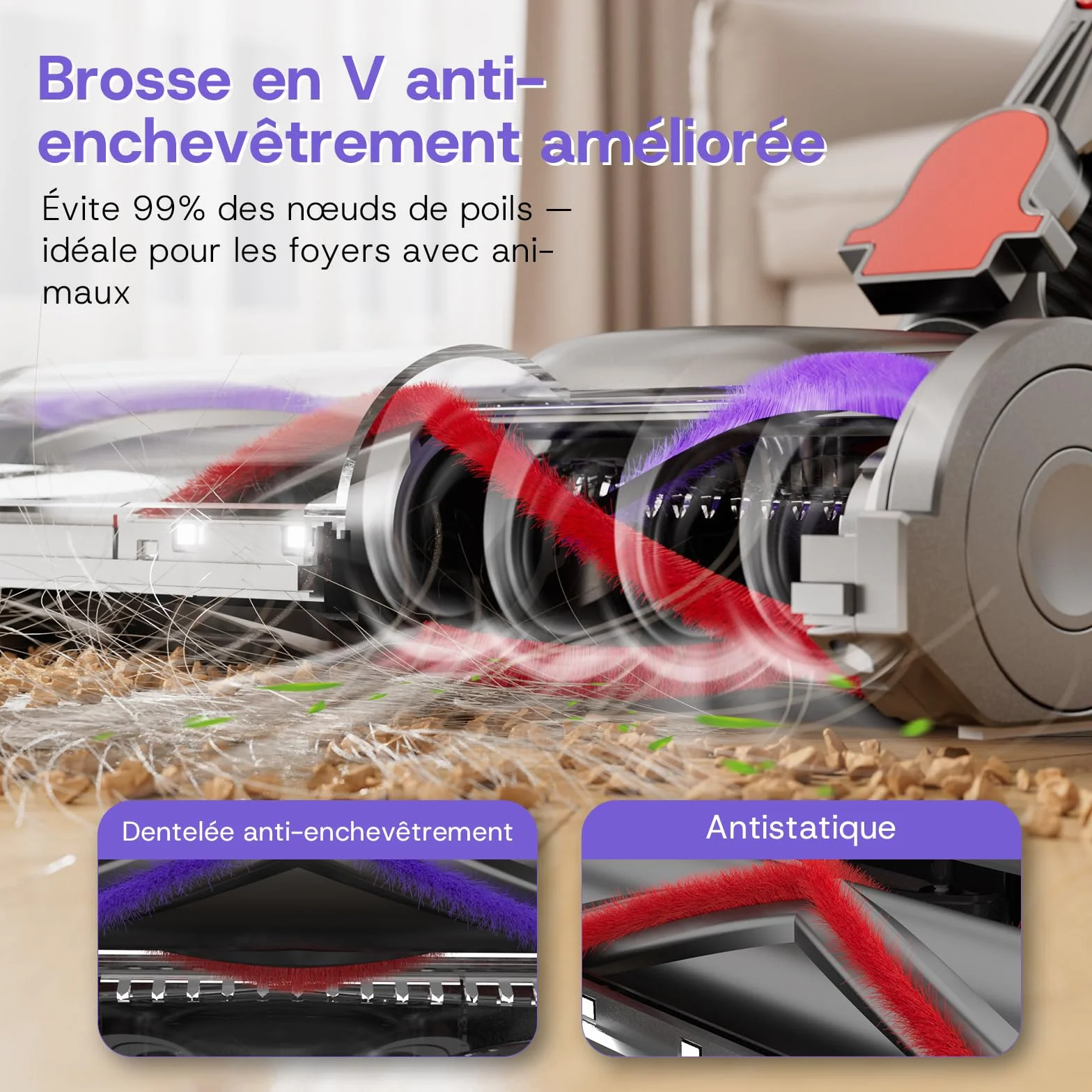 V16 Aspirateur Balai sans Fil 55Kpa/600W/80Mins, Aspirateur sans Fil Puissant, Écrans Tactiles LED, Mode Automatique, Brosse Anti-Emmêlement pour Tapis, Sols Durs et Poils d'animaux